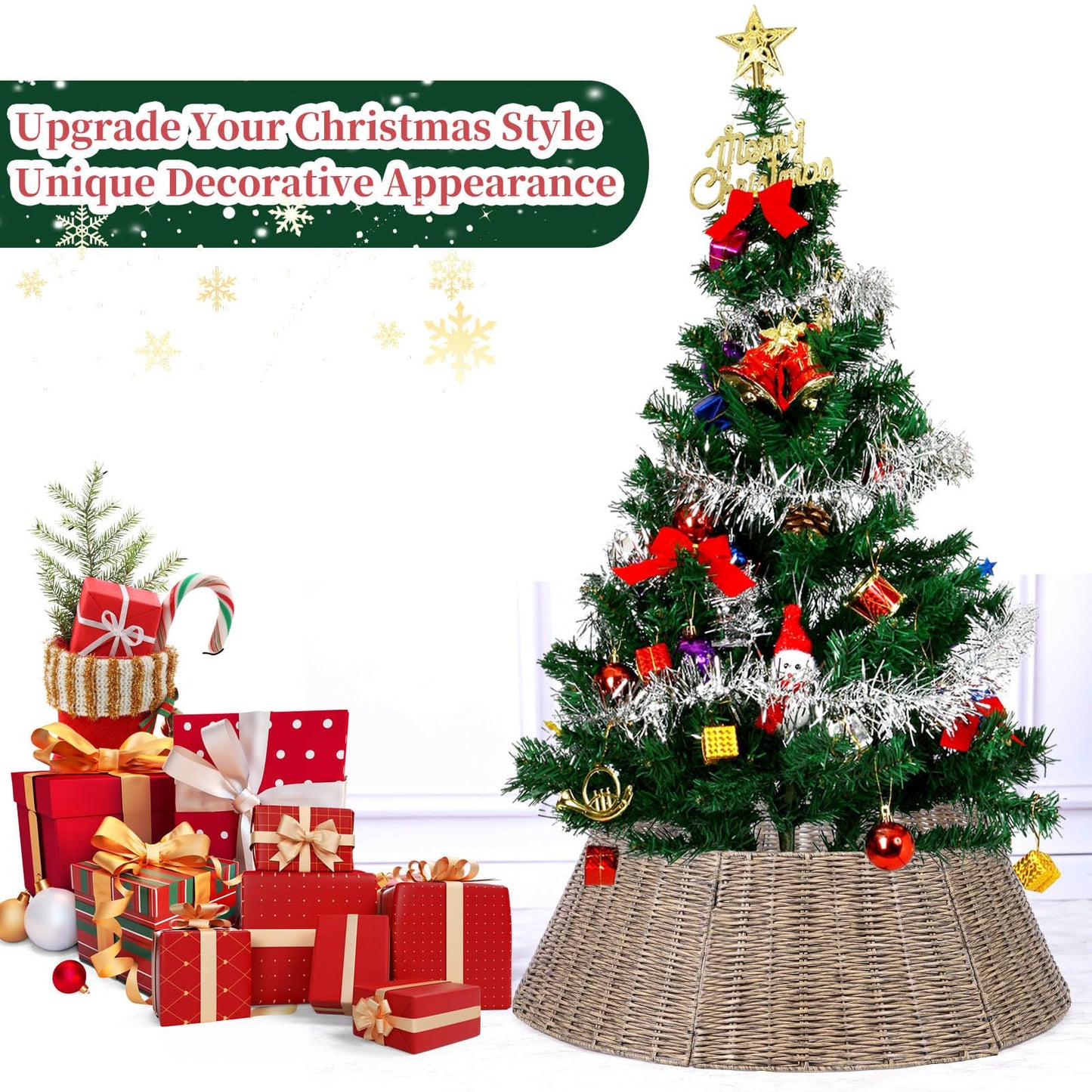 Vencer 28.3''Christmas Tree Collar,Plastic Rattan Xmas Tree Skirt,Rustic Decorations,Tree Skirt Base for Christmas Tree Decorations,Light Coffee,CTS-Y004