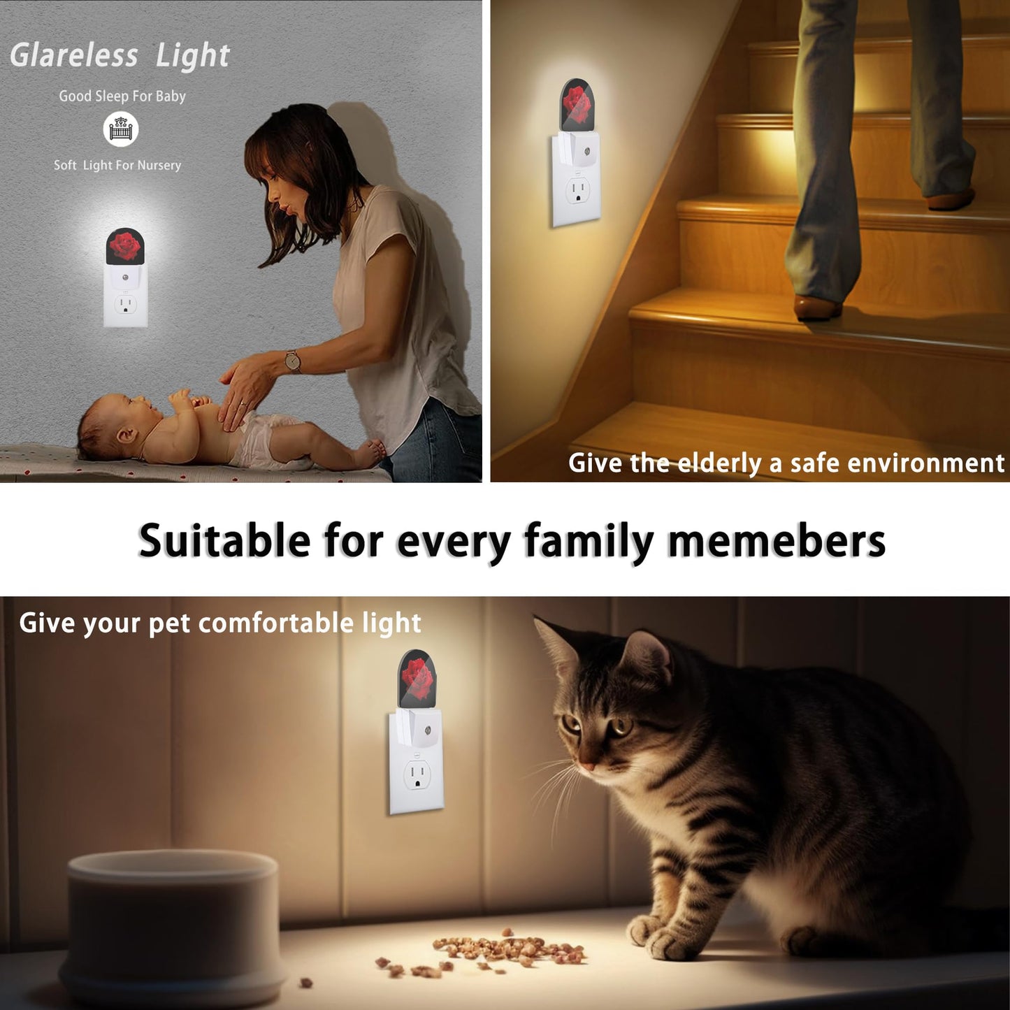 Axxitude Red Rose Raindrops Night Lights Plug into Wall for Girls Boys Room,Night Light LED Lamp Dusk to Dawn Sensor Round Lamp for Bedroom Bathroom Hallway Home Wall Decor Nightlight