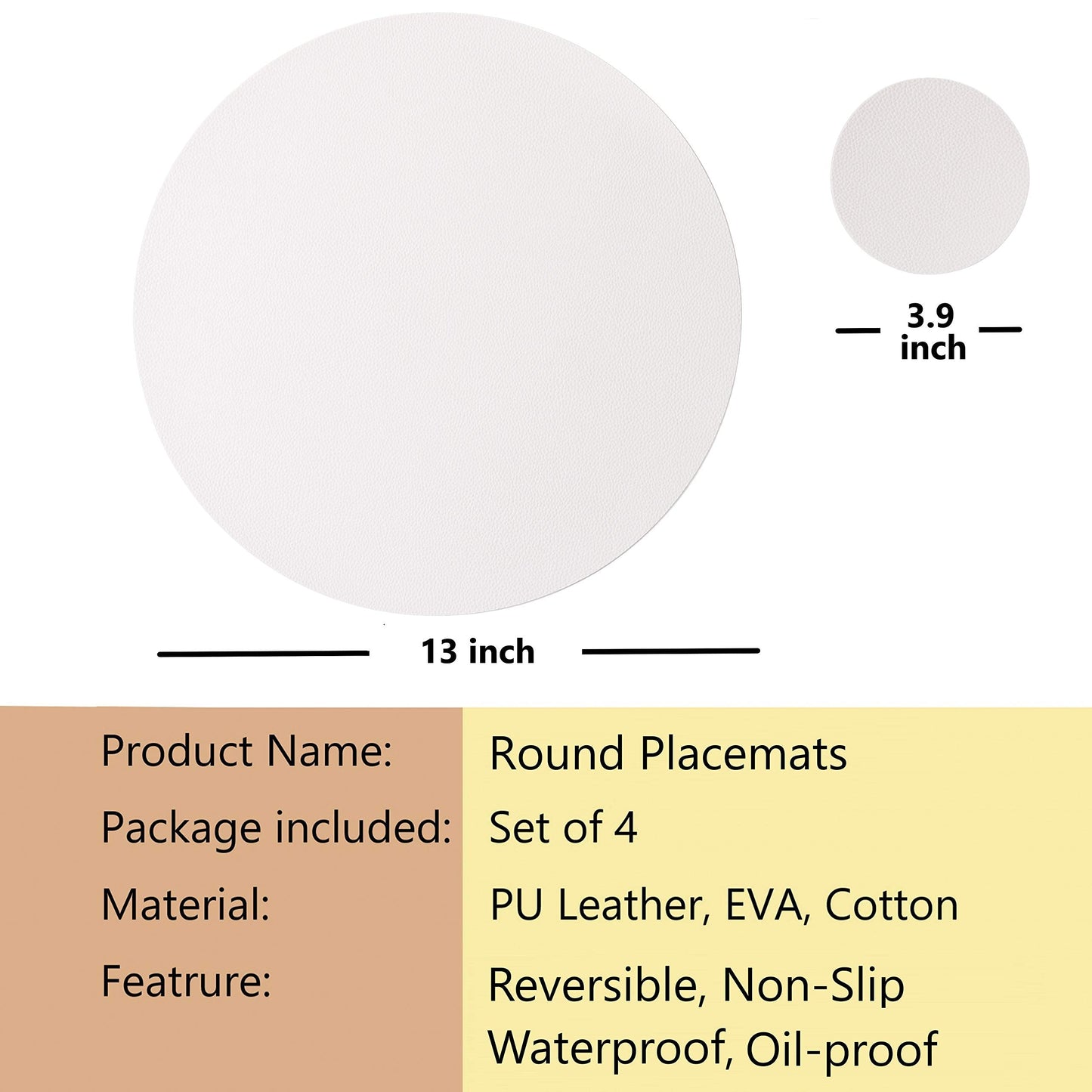 Wipeable Placemats and Coasters Leather Table Mats Waterproof Heat-Resistant Easy to Clean for Dining Table Set Kitchen Table Set of 4, White