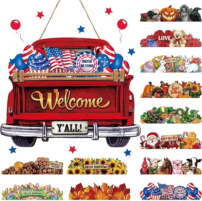 Ferraycle Interchangeable Christmas Welcome Sign for Front Door Farmhouse Truck Decor Rustic Hanging Sign with 12 Interchangeable Seasonal Holiday Decor for Christmas Fall Thanksgiving(Fresh Color)