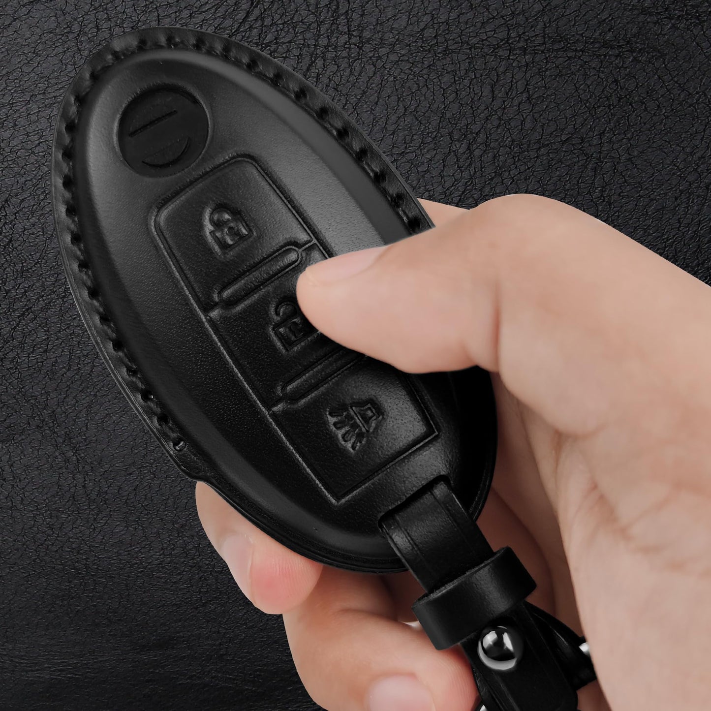 Tukellen Compatible with Nissan Key Fob Cover Handmade Genuine Leather Case for Altima Pathfinder Armada Murano Maxima Rogue Infinity Smart Remote 3 Buttons Key-Black