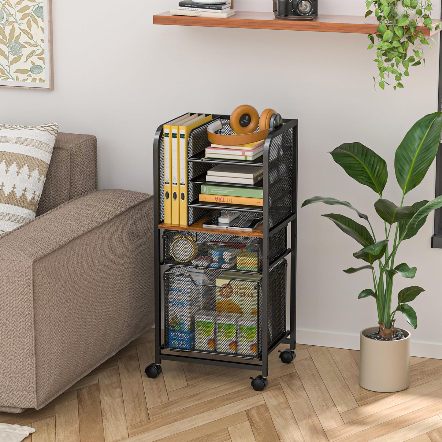 Feyejade 6-Tier Rolling File Cart with 2 Drawers, File Cabinet Organizer for Hanging File Folders, Letter-Size File Storage with Wheels, Multi-Layer Mobile Filing Cabinet for Office and Home