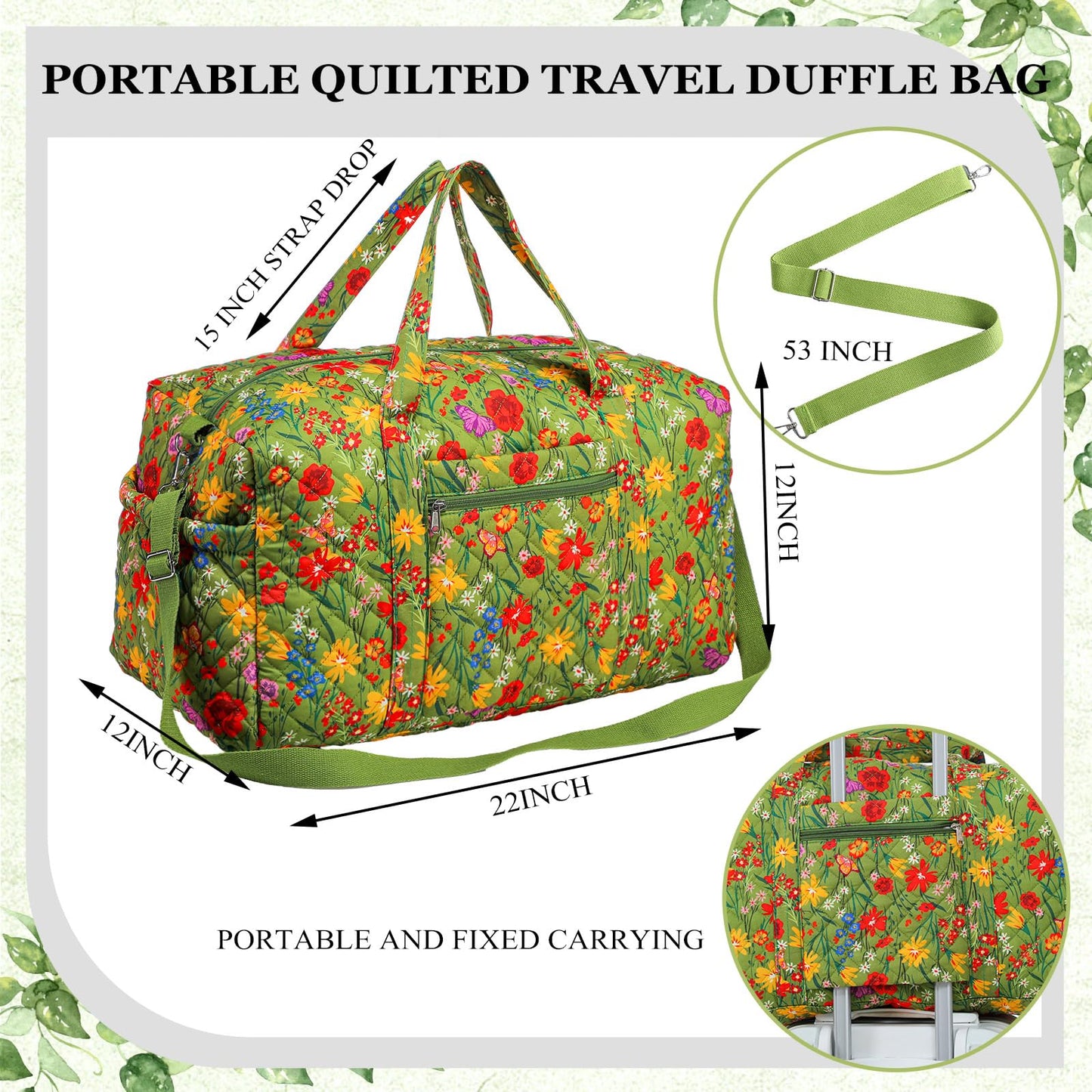 Dansydaisy Large Quilted Travel Duffle Bag for Women Floral Portable Gym Weekender Bag with Zipper Pockets Workout Grocery Pouch Duffle Gift Pouch for Work(Yellow Green Grassland)