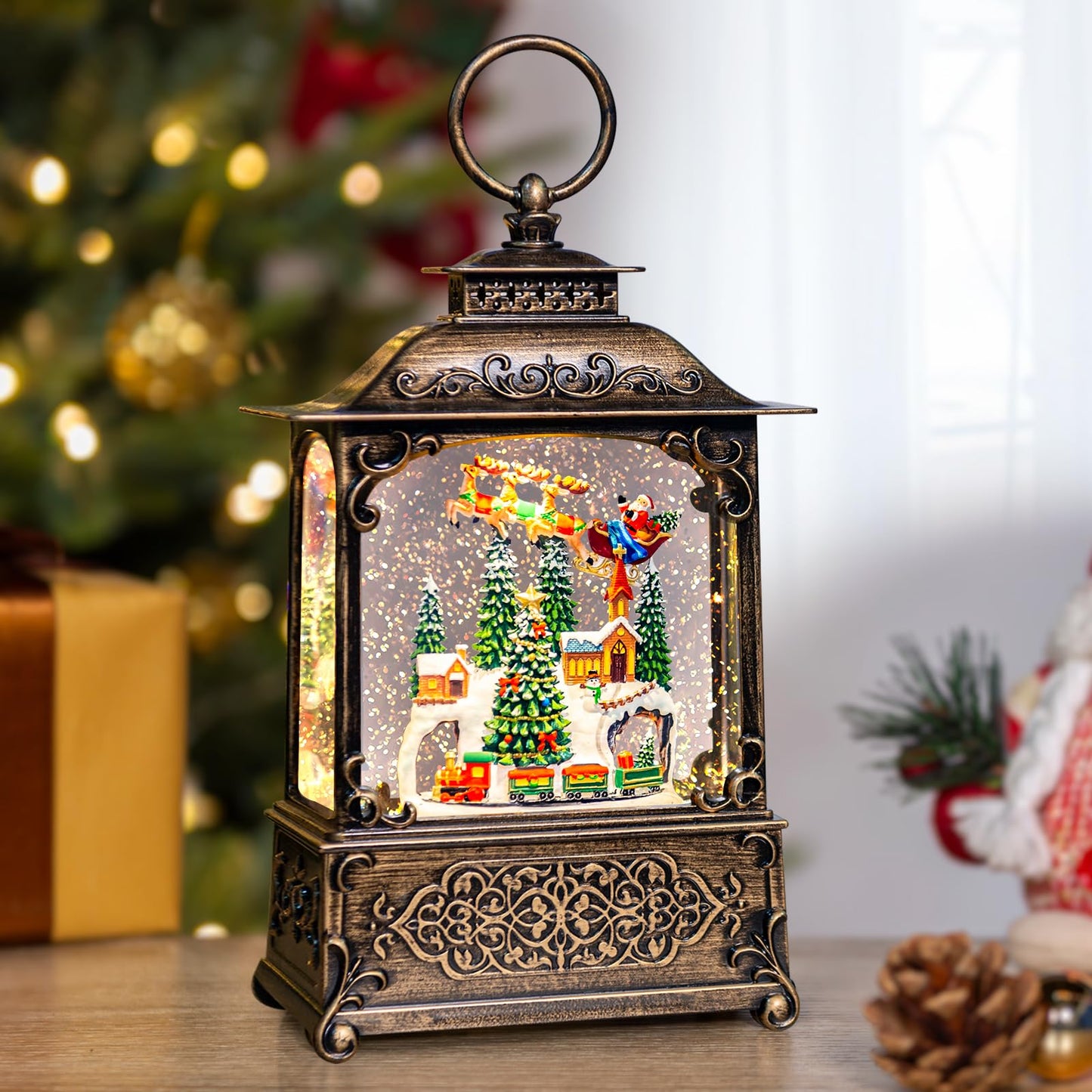 Christmas Snow Globes Lantern with Music, Winter Village Scene Snow Globes with Swirling Glitter Effects, USB/Battery Powered with 6-Hour Timer, Christmas Decorations
