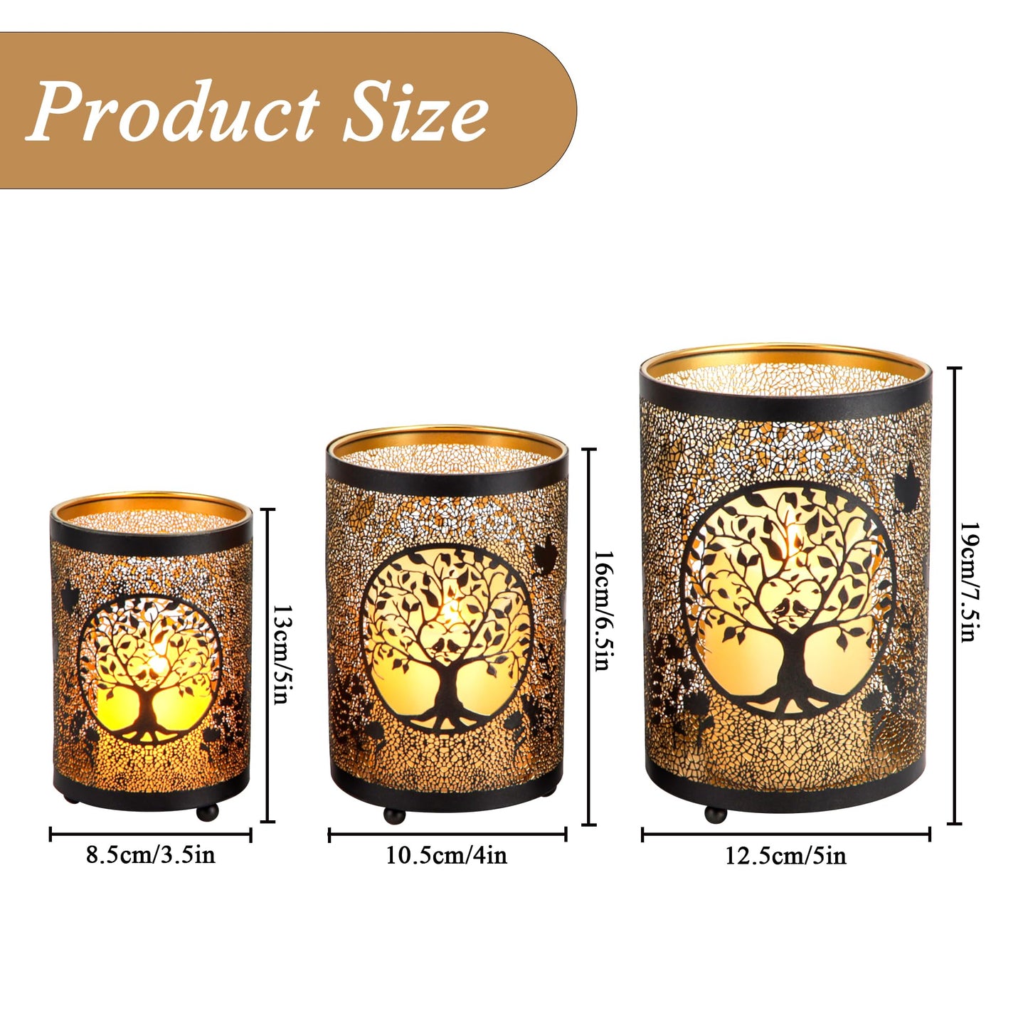 TRIROCKS Tree of Life Candle Lantern 7.5" H Etched Bronze Metal Candle Holder Decorations for Living Room Tabletop Parties Patio Entryway Indoors Outdoors(3PCS)