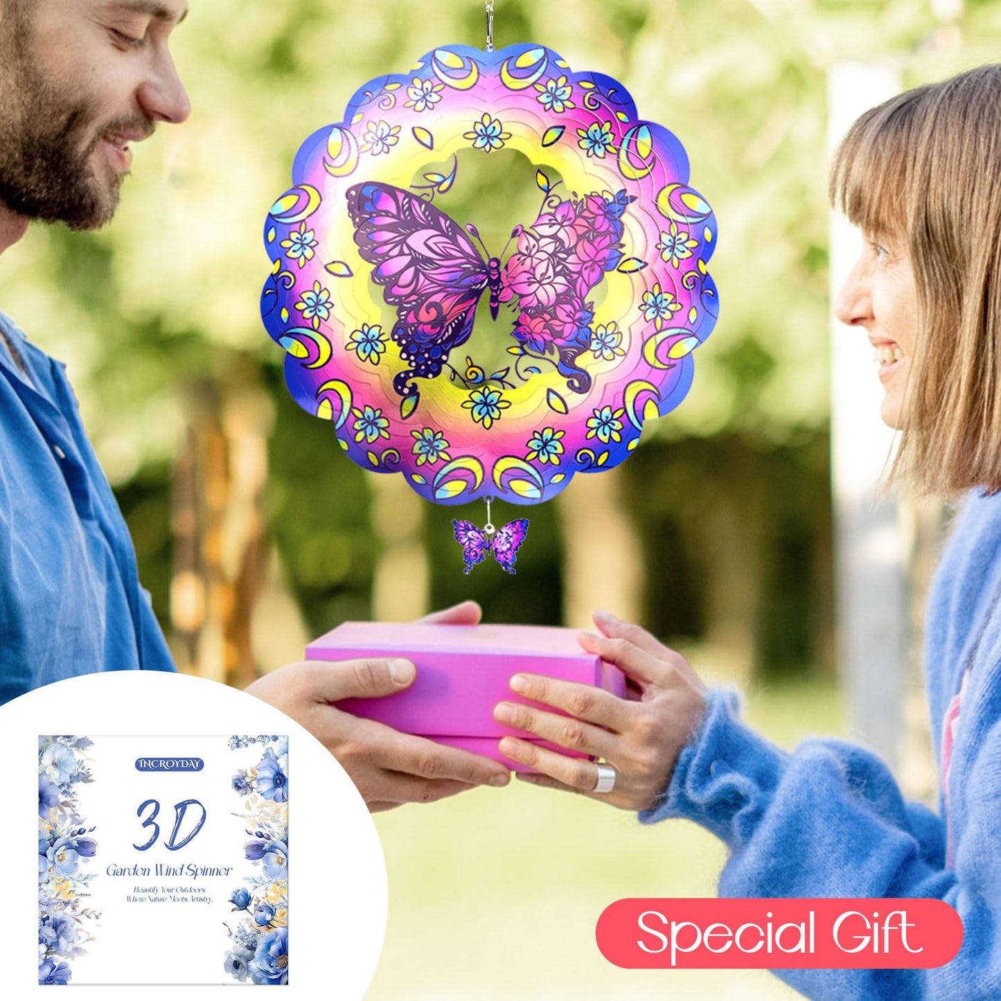 Butterfly 12 Inch Wind Spinners Garden Yard Decor Gift for Women Men, Outdoor Purple Metal 3D Wind Spinner, Stainless Steel Hanging Wind Catchers Sculpture for Outside Decoration