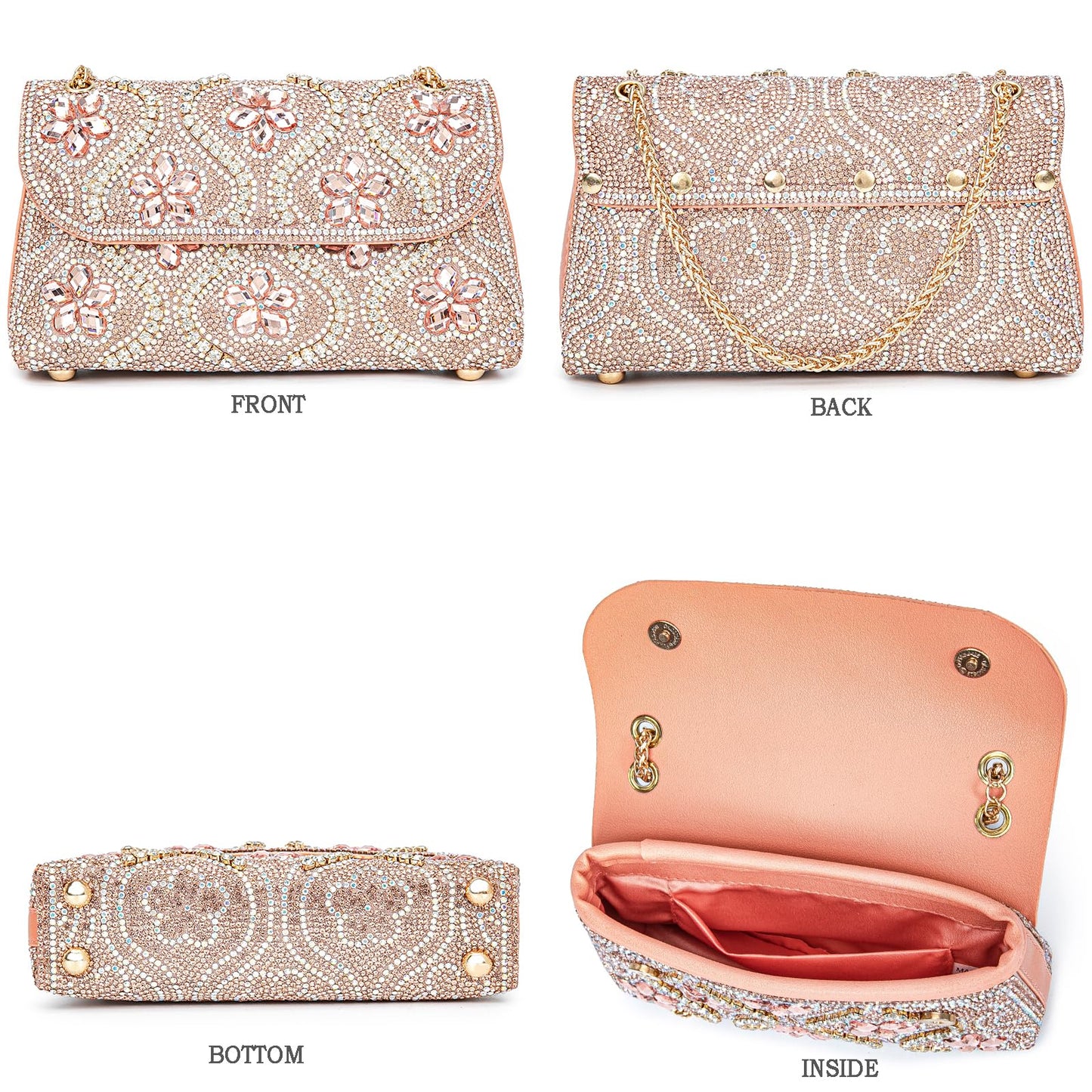 BBTT.ful Flower Evening Handbags Chain Strap Square Shoulder Bag Crossbody Bag Crystals Rhinestone Clutch Purse (pink champagne)