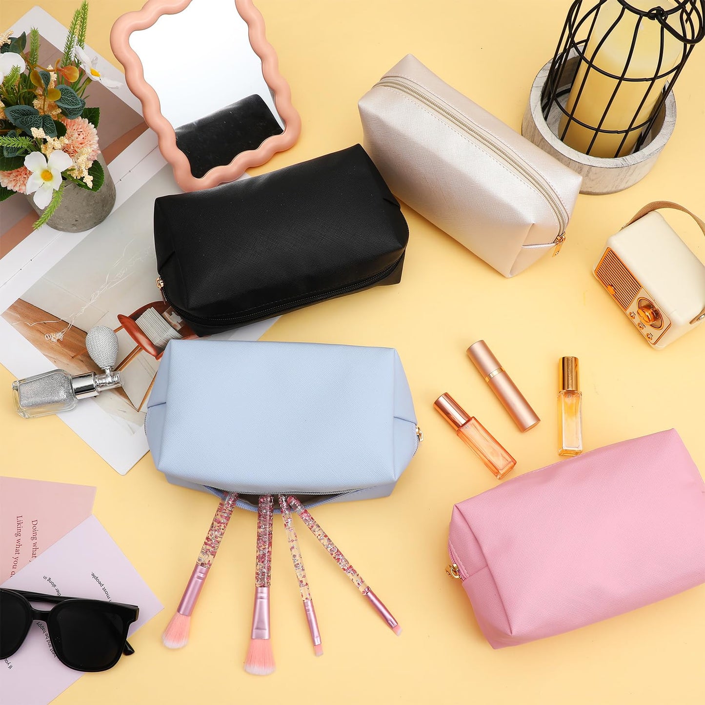 Limbeuuu 12 Pcs Preppy Makeup Bag PU Leather Cosmetic Bag Bulk Makeup Plain Pouch Waterproof Toiletry Purse for Women Traveling Preppy Pencil Case Travel Purse Cosmetic(Mixed Colors