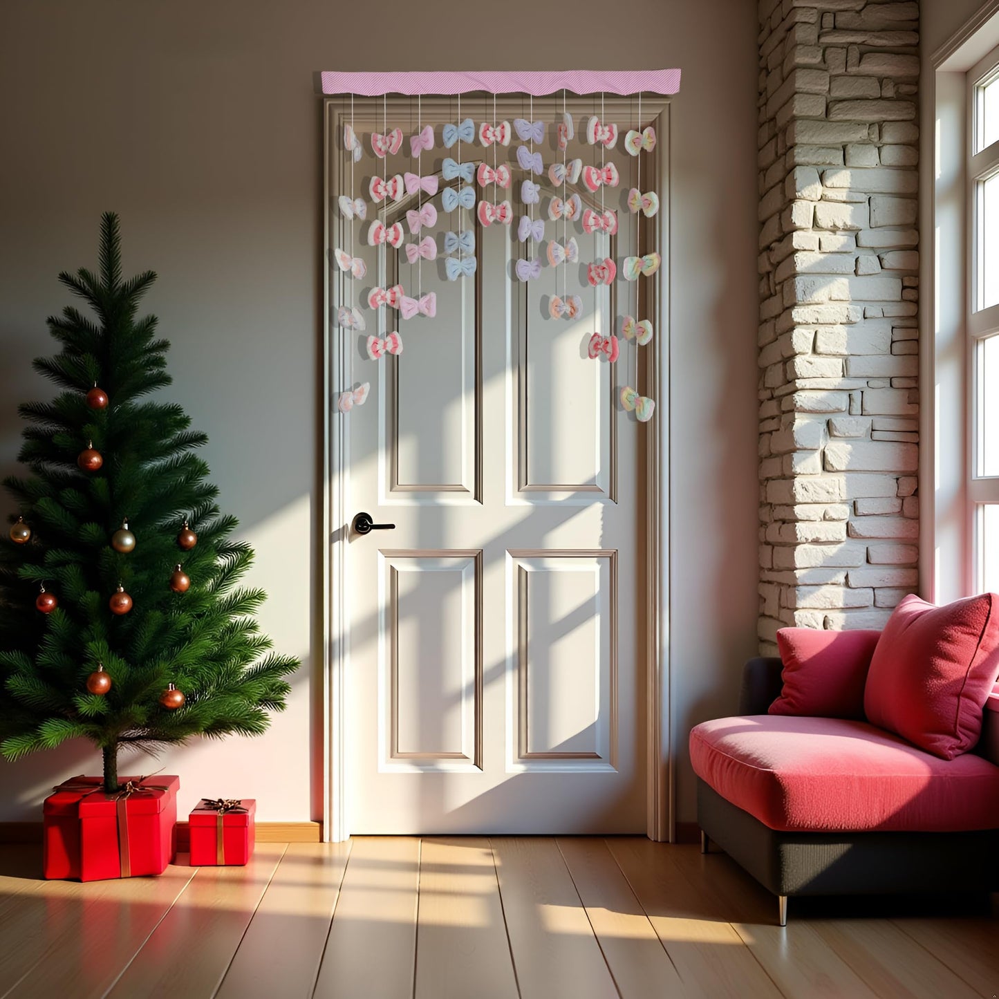 Kynthyre Cute Plush Curtain for Door Window Wall 33" W x 38" L Self-Adhesive Bow Kawaii Curtain for Living Room and Bedroom Decor
