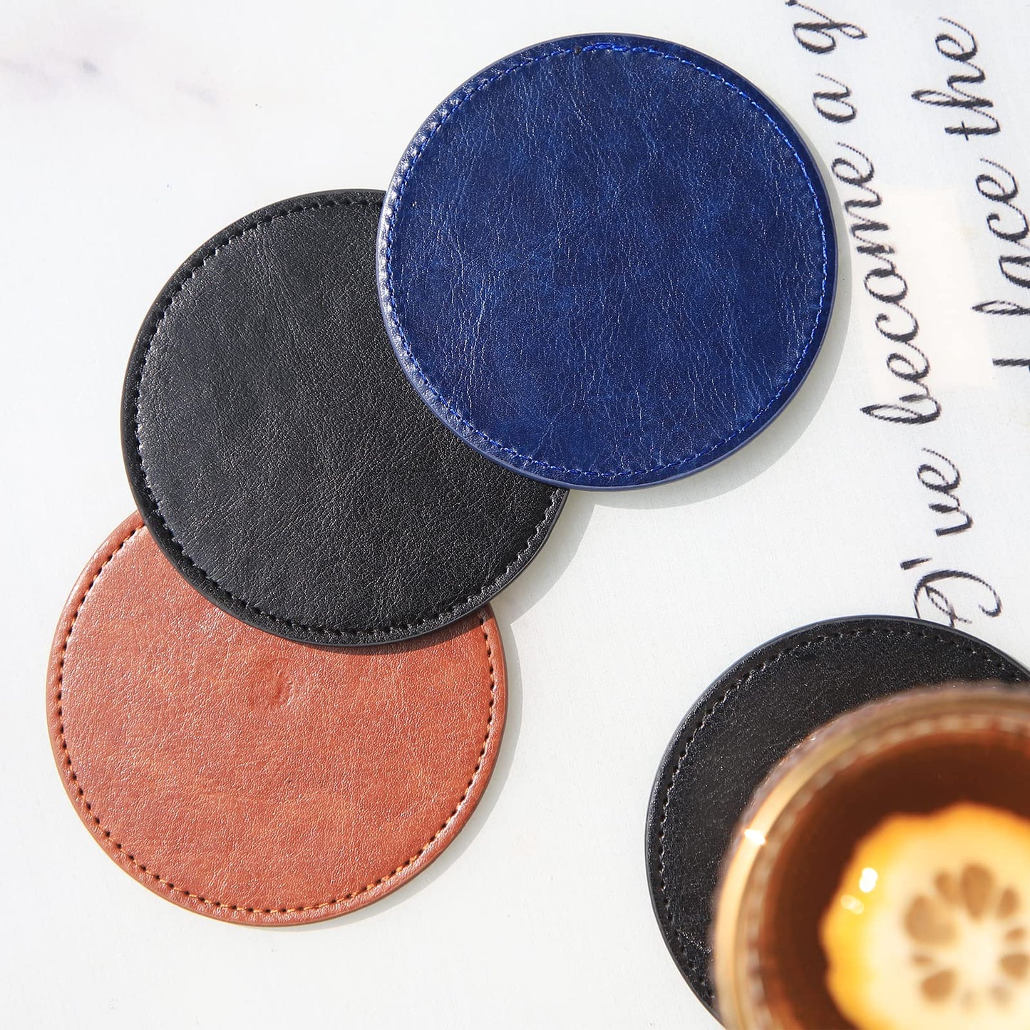 TOSSOW PU Leather Coaster 8 Pcs with Holder, Durable and Non-Slip Coaster for Protection Tabletop, Wooden Table, Desk, Bar, Coasters Fit All Cups (Brown)
