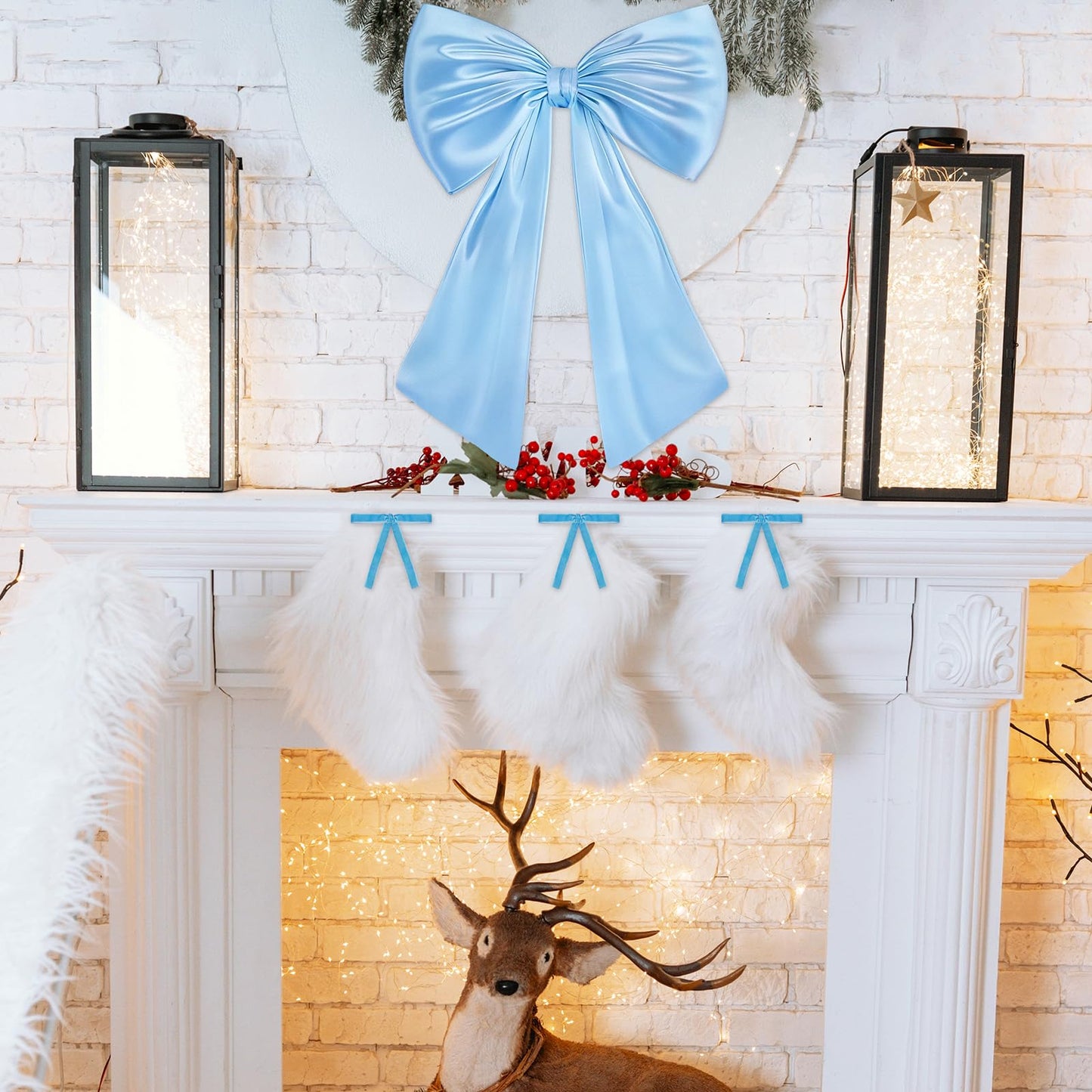17x23 Inch Large Blue Bow for Christmas Tree Topper Christmas Tree Decoration Set: 24 Small Velvet Bows, 1 Pcs Big Tree Topper Bow, 3000 Strands of Tinsel Icicles for Holiday Decor (Blue)