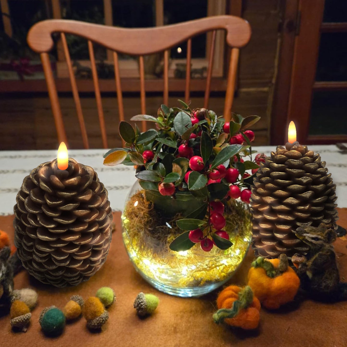 CVHOMEDECO. Pine Cone Candles Battery Operated Pinecones with Remote and Timer, Pine Cones Candle LED Flameless Flickering Candles for Fall, Christmas Decor. Golden-Brown, H 5.5 Inch, Pack of 2
