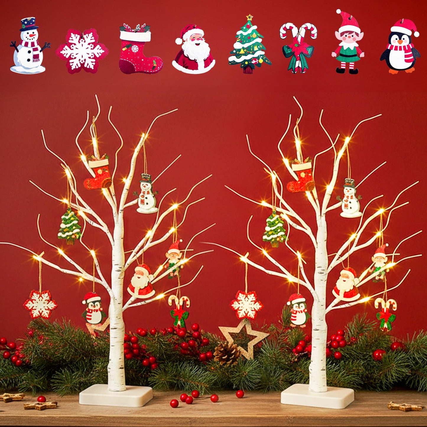 EAMBRITE Lighted Birch Tree with Christmas Ornaments, 2 Pack Small Christmas Trees with Led Lights, White Twinkling Tree Decorations Tabletop Centerpieces for Home Table Bedroom Indoor Decor (22inch)