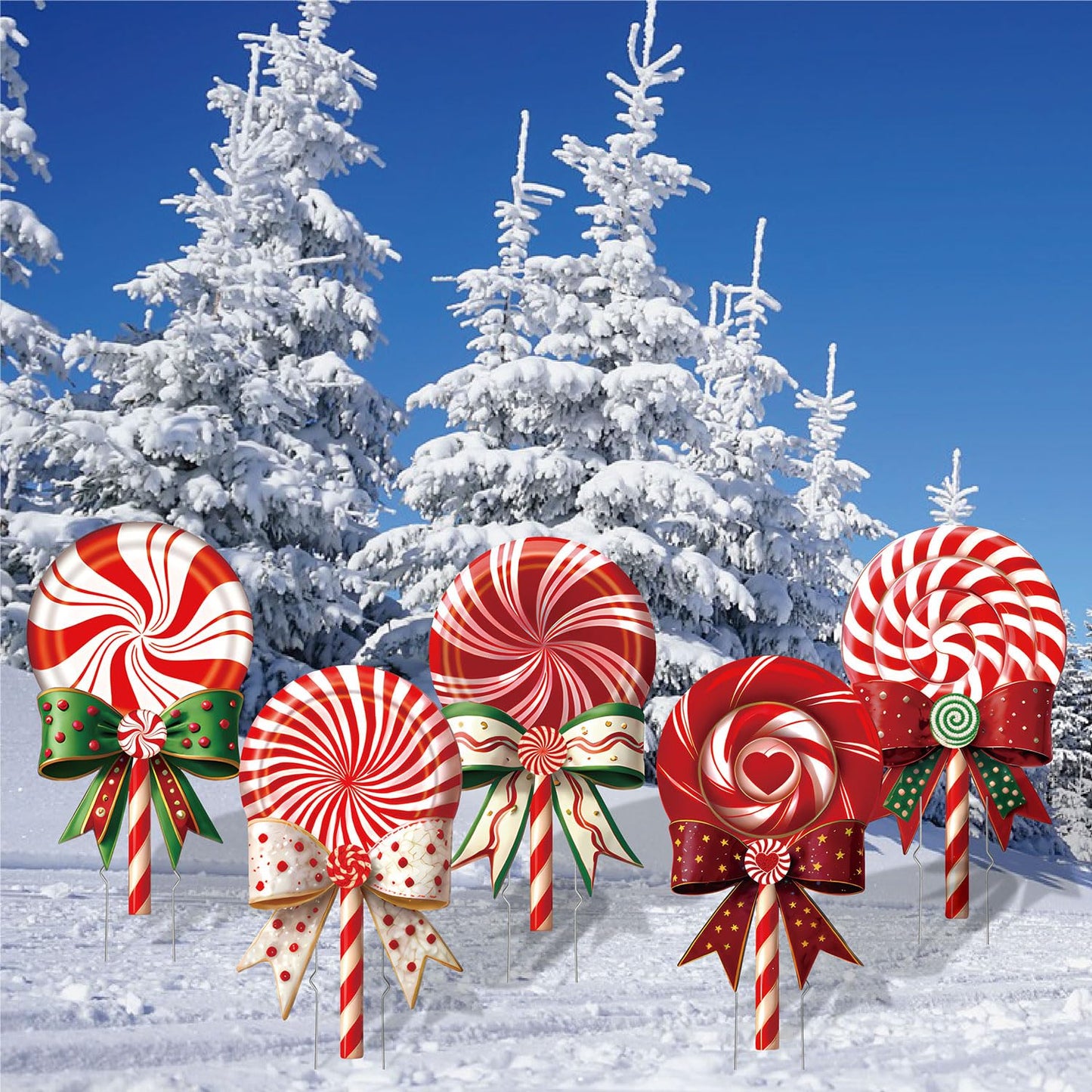 BoGlowHaven Outdoor Christmas Decorations Jumbo 24 Inch Lollipop Yard Signs 5ct with 20 Stakes 10 Fiberglass and 10 Metal Waterproof Holiday Christmas Decorations for and Garden Waterproof