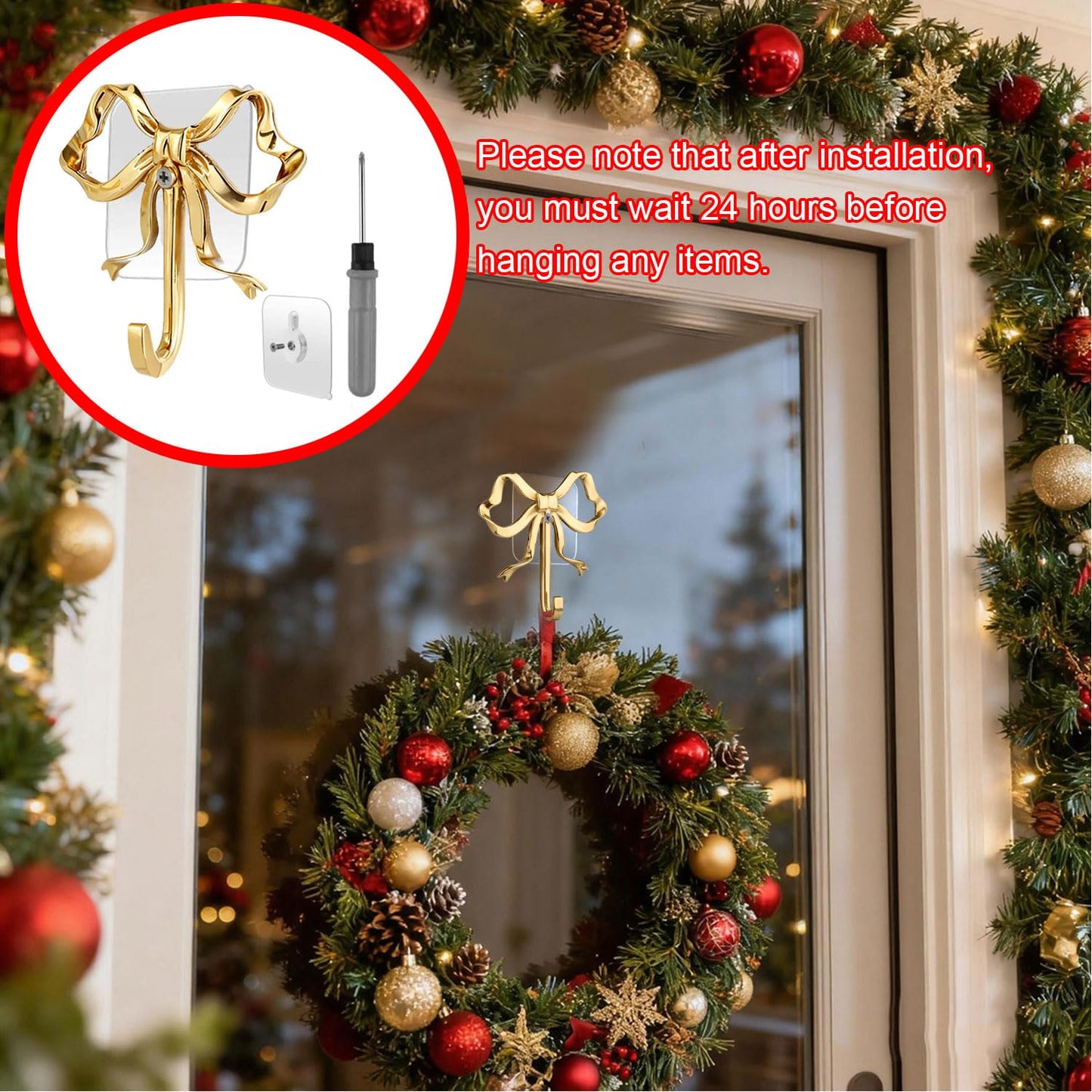 YUANQIAN 2-Pack Bow Wall Hooks Gold Hooks Door Hanger for Towels Coat Bag, No-Trace Sticky Hooks for Christmas Stockings Holder, Heavy Duty Wall Hooks for Living Room Bedroom Entryway Decor (Gold)