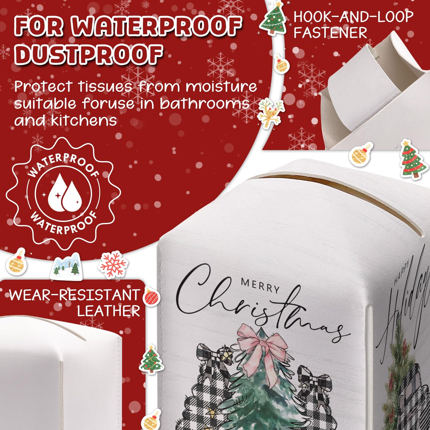 Christmas Box Cover Square, Buffalo Plaid Truck Trees Decorative Tissue Box Holder, Waterproof Leather Tissues Boxes Dispenser for Bathroom, Bedroom Nightstand, Office, Car Home Decor
