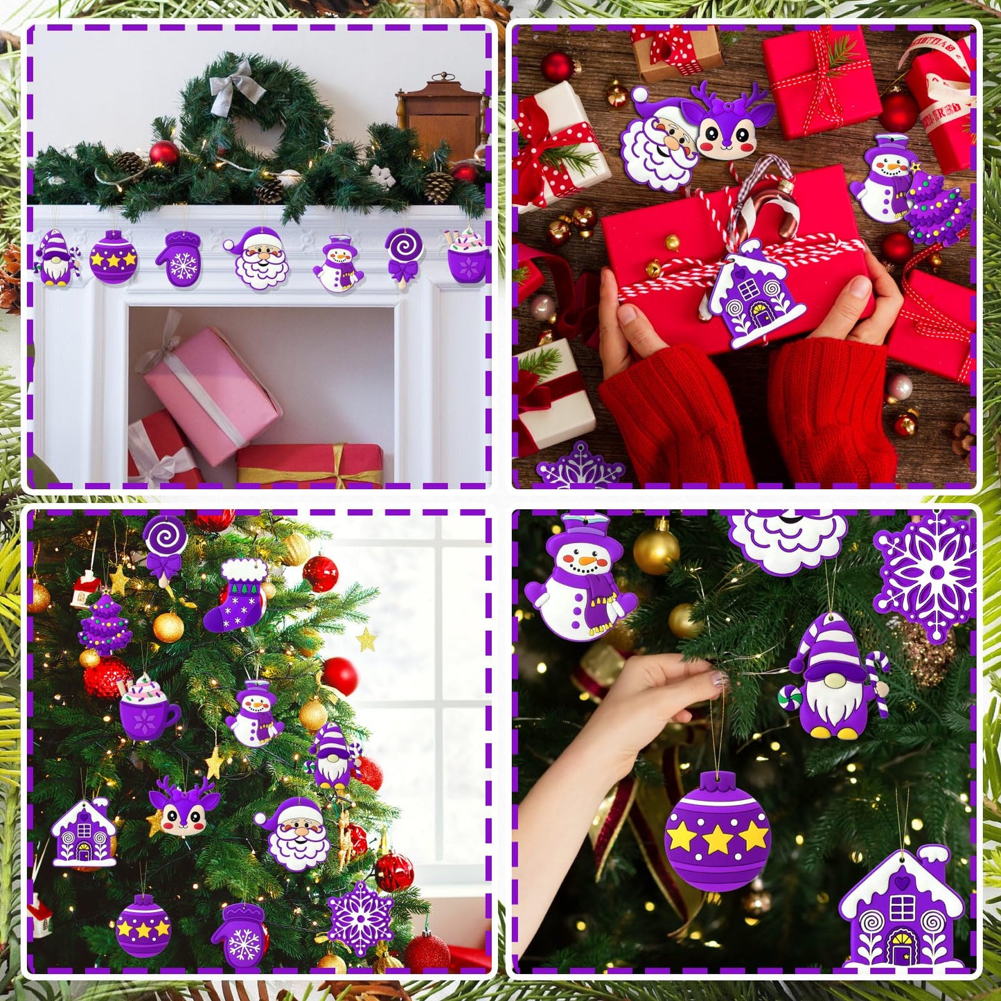 Lunmon 24 Pcs Purple Christmas Ornaments PVC Pastel Ornaments for Christmas Tree Santa Claus Gingerbread House Gnomes Xmas Baubles Winter Decorations for Xmas Tree Party Holiday Decor