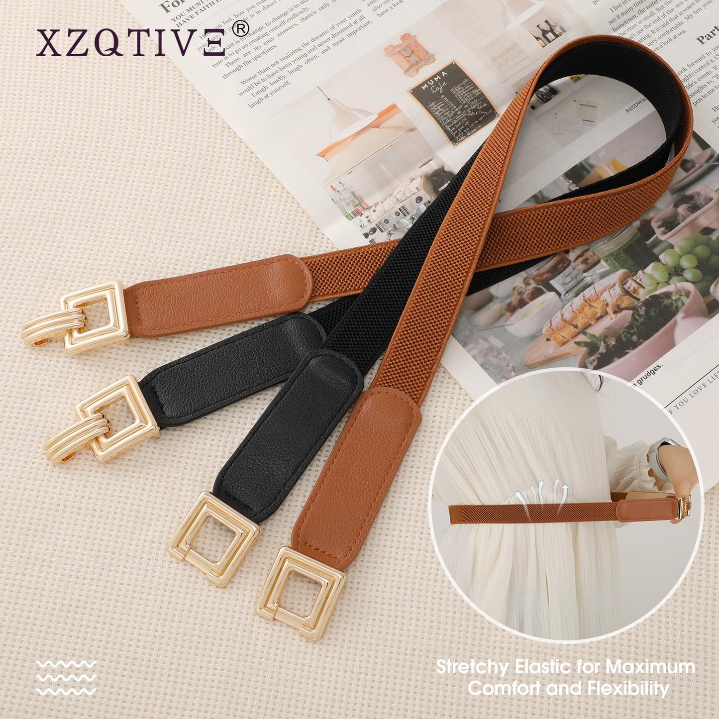 XZQTIVE 2 Pack Women Skinny Stretchy Cinch Belt for Dresses, Thin Elastic Belt Ladies Waist Belt with Retro Gold Buckle (Black+Brown) Fit Waist Size 32"-39"