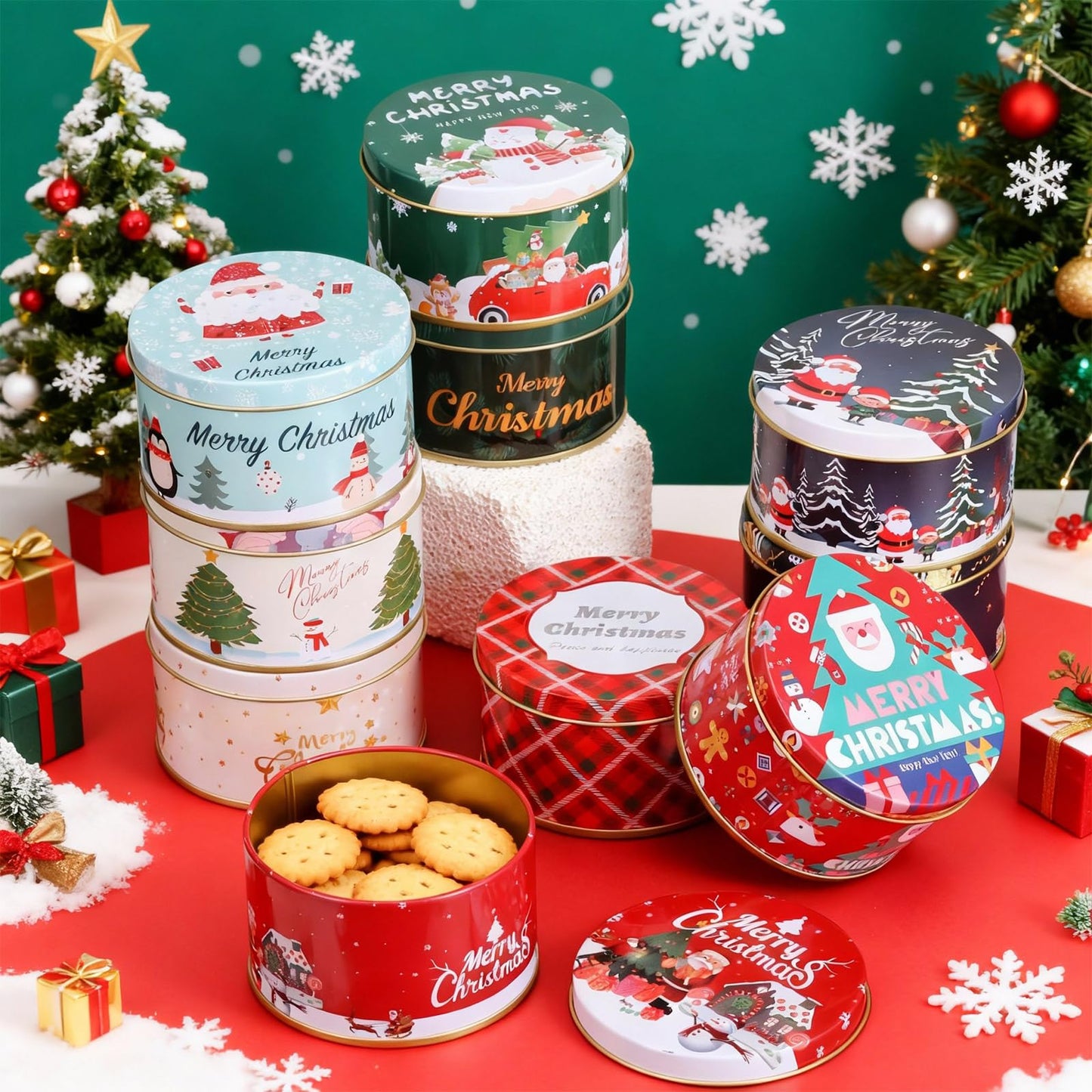 Acellegic 20 Pcs Christmas Cookie Tins with Lids for Gift Giving Small Xmas Tin Containers Round Iron Christmas Tins Empty Cookie Jar for Gift Giving Holiday Party Favors