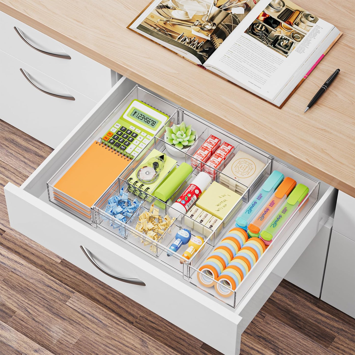 Marbrasse Expandable Desk Drawer Organizer, Clear Plastic Drawer Organizer Tray with 10 Adjustable Compartments, Desk Organizers and Accessories, 5 Drawer Dividers for Office Supplies, Makeup(Clear)