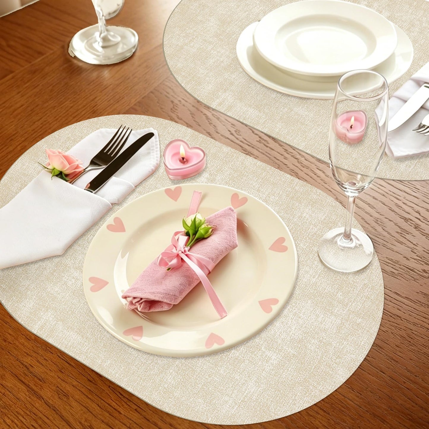 GLASSWINDS Oval Placemats Set of 12 - Washable & Heat Resistant Table Mats, Non-Slip Faux Leather Dining Decor, Waterproof Easy Clean Kitchen Place Mats for Room Coffee Office,Beige