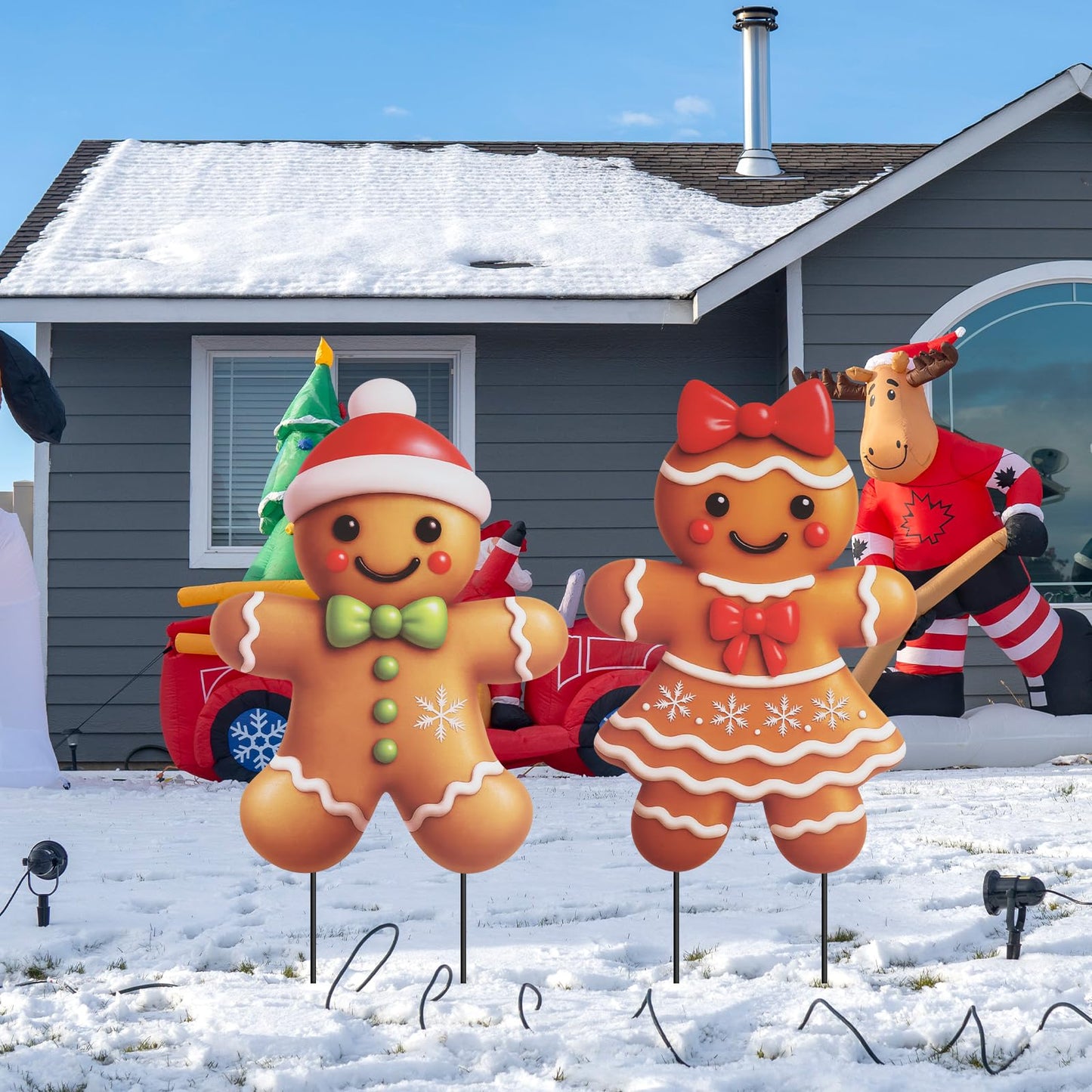 2 Pcs Metal Gingerbread Christmas Decorations Yard Sign Yard Stakes Outdoor Gingerbread Christmas Decorations for Holiday Xmas Winter Ornament Lawn Pathway