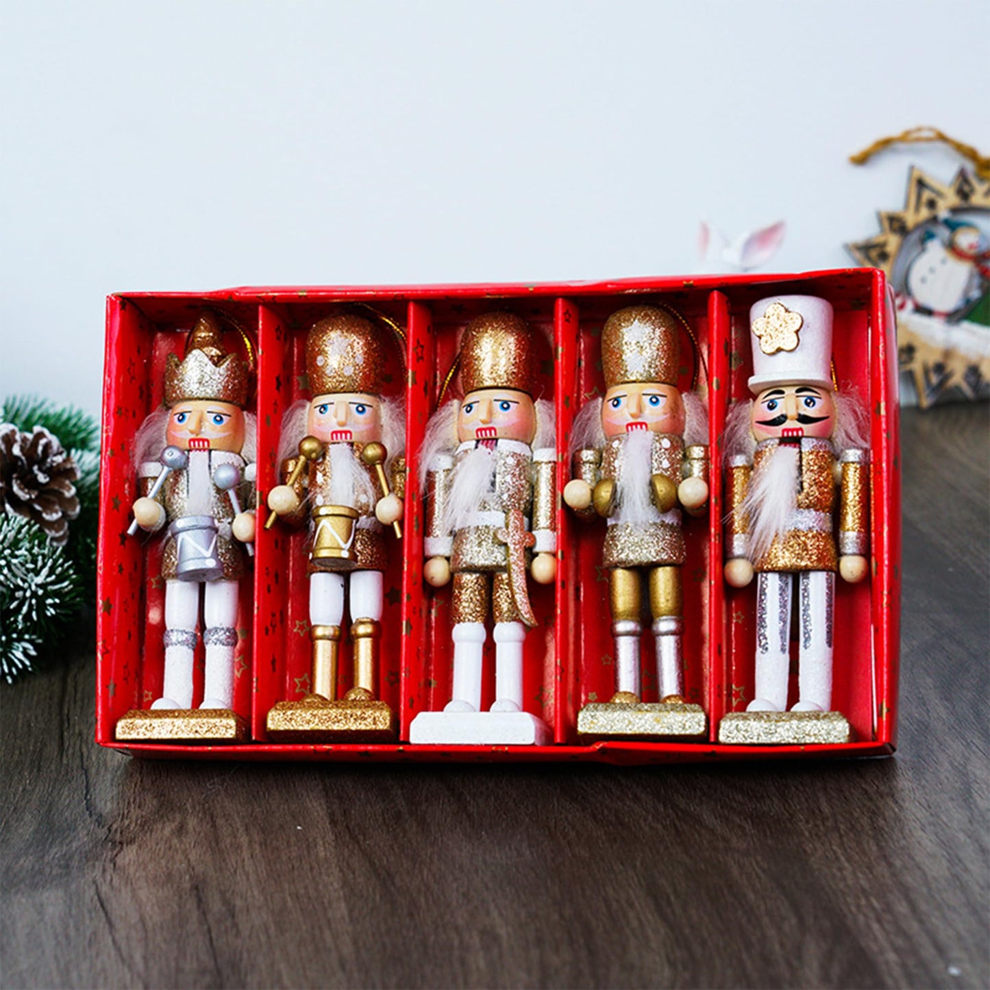 Christmas Nutcracker Ornaments Set, Wooden Christmas Nutcracker Soldier Figures Decorative Collectible Nutcracker 5 Inch Mini Nutcracker Figurines Christmas Tree Hanging Decorations, 5pcs Bling Gold