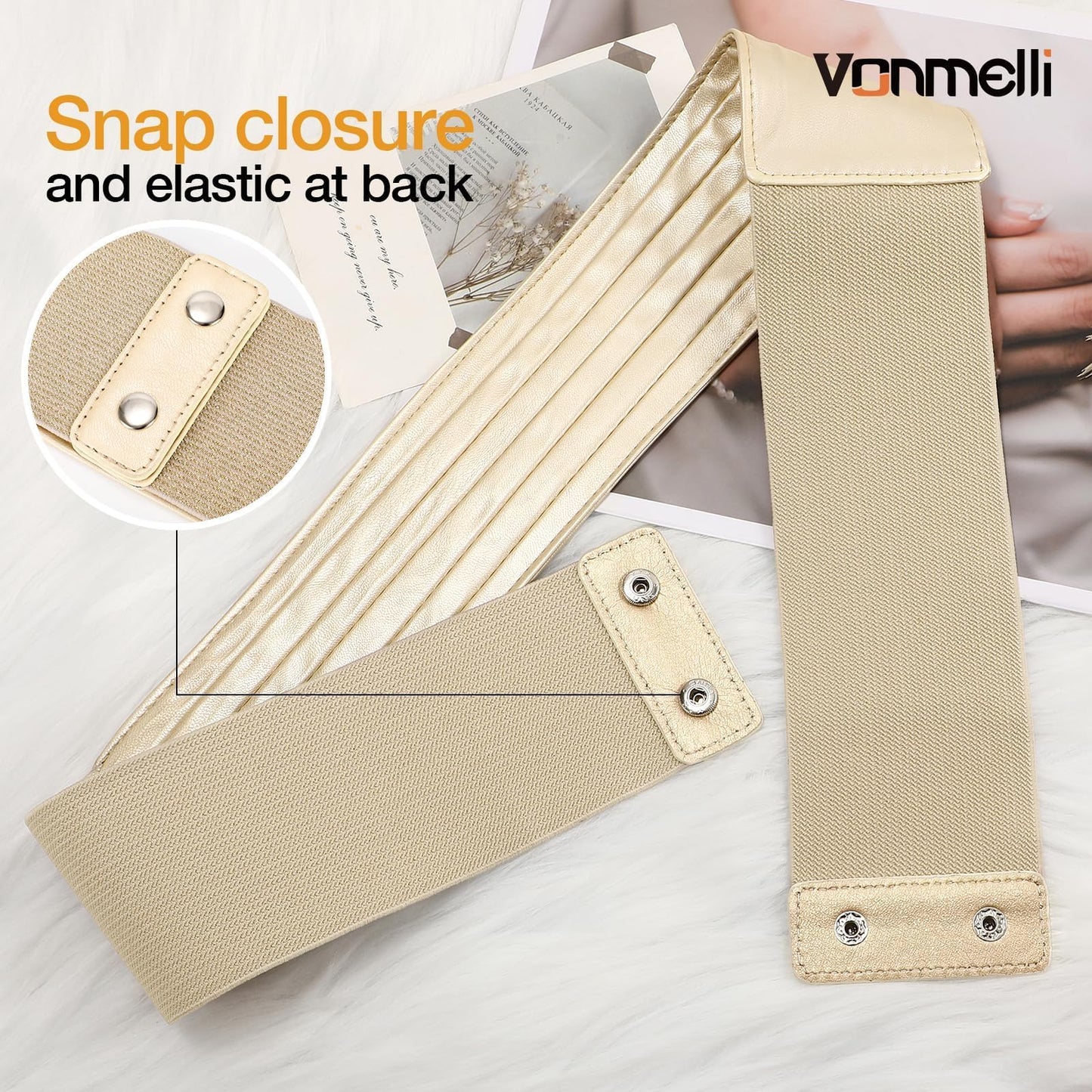 VONMELLI Women's Elastic Leather Wide Belts for Dresss Stretchy Waist Belt Fashion Ladies Corset Belts, Gold M