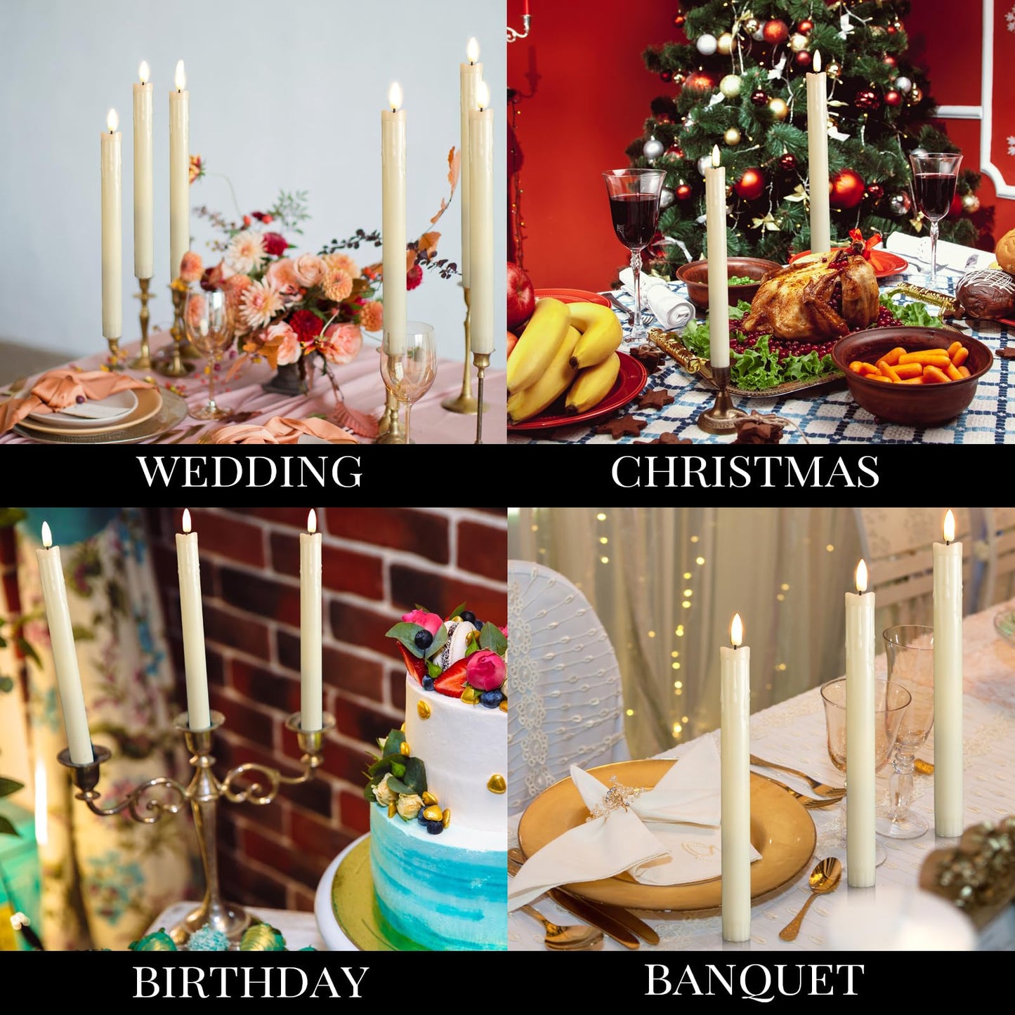 Retisee 4 Sets Rechargeable Flameless Taper Candles with Remote and Timer 9.8" Battery Operated Flickering Pillar Candles LED Dripless Wax Candlesticks for Christmas Home Window Fireplace