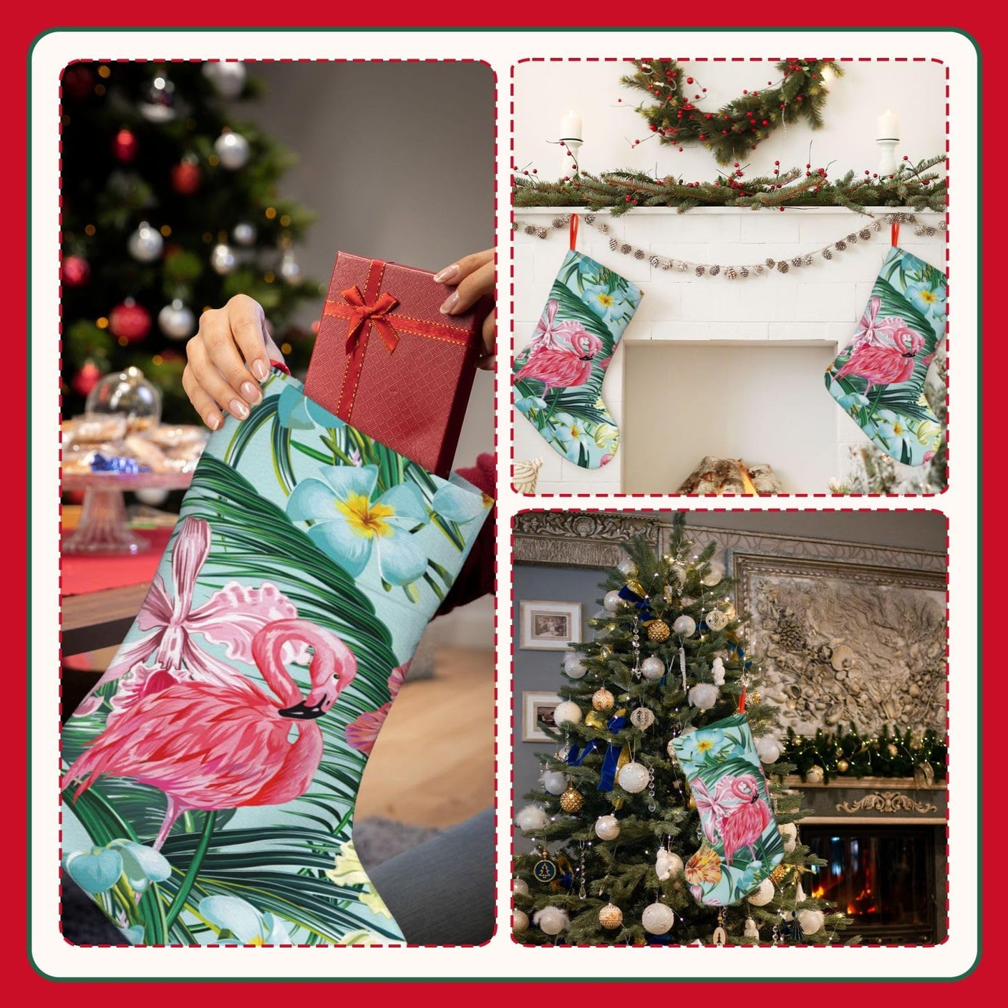 YETTA YANG Tropical Flamingo Flower Palm Tree Leaf Botanical 18 Inches Christmas Stocking Large Stocking Bags Hanging Socks for Christmas Decor Decorations