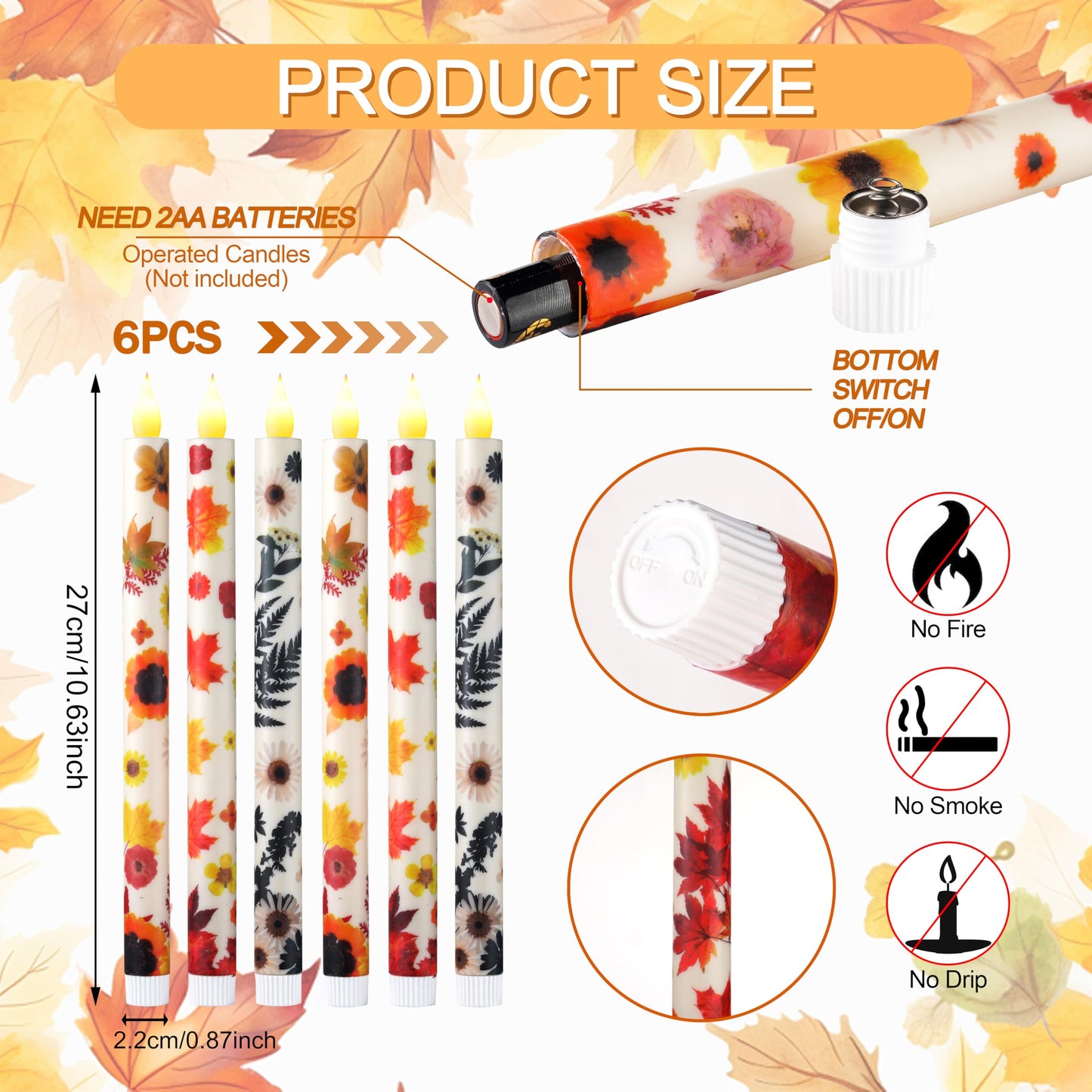 LCZLUMIPRO 6PCS Thanksgiving Flameless Taper Candles - Fall Maple Leaf Decor, Thanksgiving Decorative Candles with Wax Coating and Autumn Floral Prints Perfect for Table, Party, Banquet