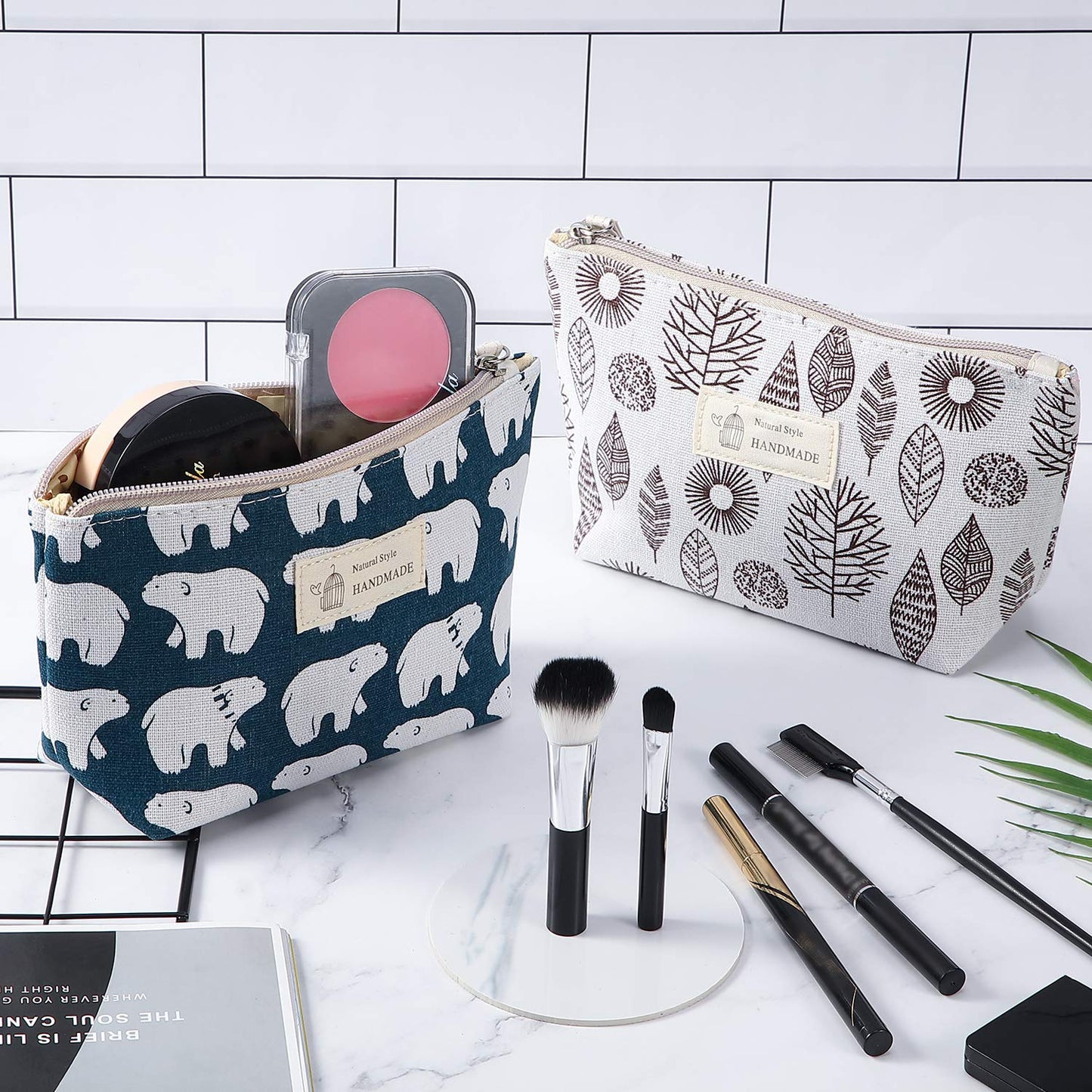 Boao 4 Pieces Canvas Makeup Bags Set Small Cosmetic Pouches for Purse with Zipper Multi Functional Toiletry Travel Case Organizer for Women Gift, 4 Styles(Small,Whale, Bear, Tree, Leave)