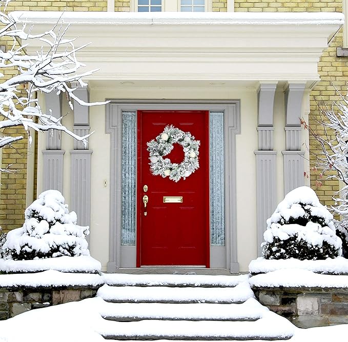 Fraser Hill Farm 24" Christmas Snow Covered Wreath Door Hanging with Glitter Ornaments, Leaves, and Berries, Artificial Holiday Hanging Decoration for Door, Wall, Mantel