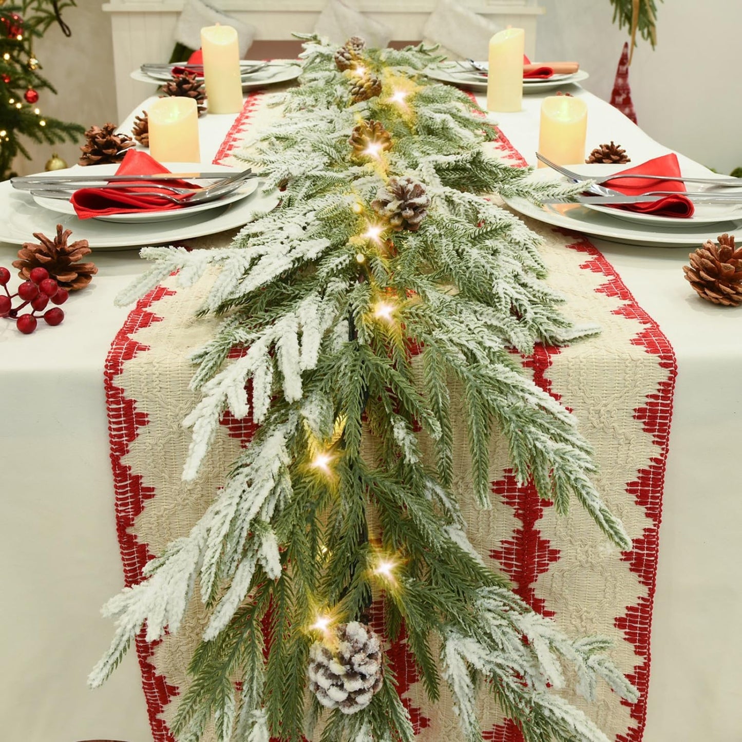 YoleShy 6FT Real Touch Norfolk Pine Garland Christmas Garland with Pinecone and White Snow Battery Operated Prelit Garland Christmas Decorations for Mantle Fireplace Xmas Home Decor