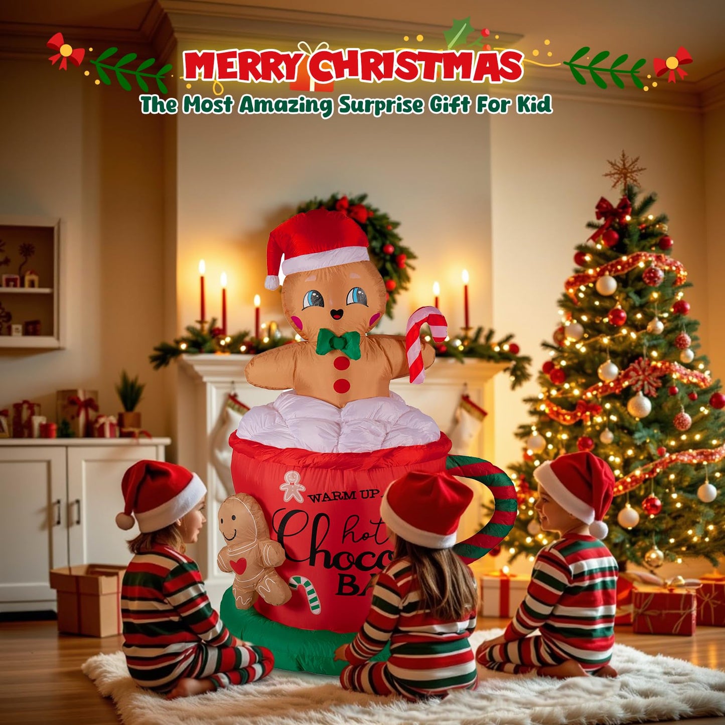 KISSUNY 6.5FT Giant Inflatable Gingerbread Man with LED Lights, All-Weather Outdoor Christmas Decoration, Hot Chocolate Mug Yard Decor