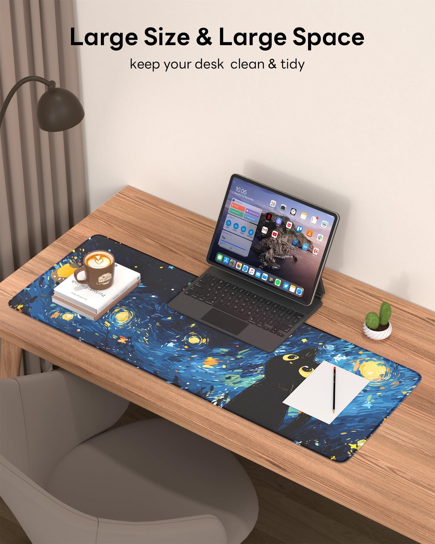 Velluxion Starry Night Cat Mouse Pad, 31.5 x 11.8 Large Desk Mat with Stitched Edges & Non-Slip Base, Mousepad for Office, Home, Work