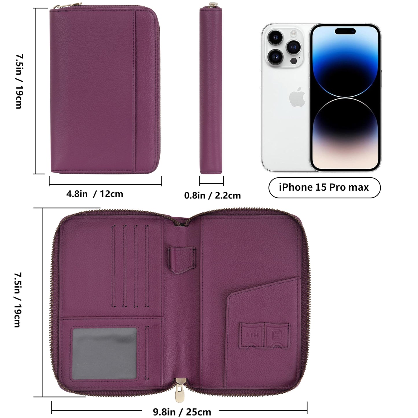 WASON Leather Zipper Travel Passport Wallet Holder RFID Blocking Cover, Passport case Pocket Slot for Card, Cash, ID, Boarding Pass and Ticket for Men, Women and Family Trips (Purple)