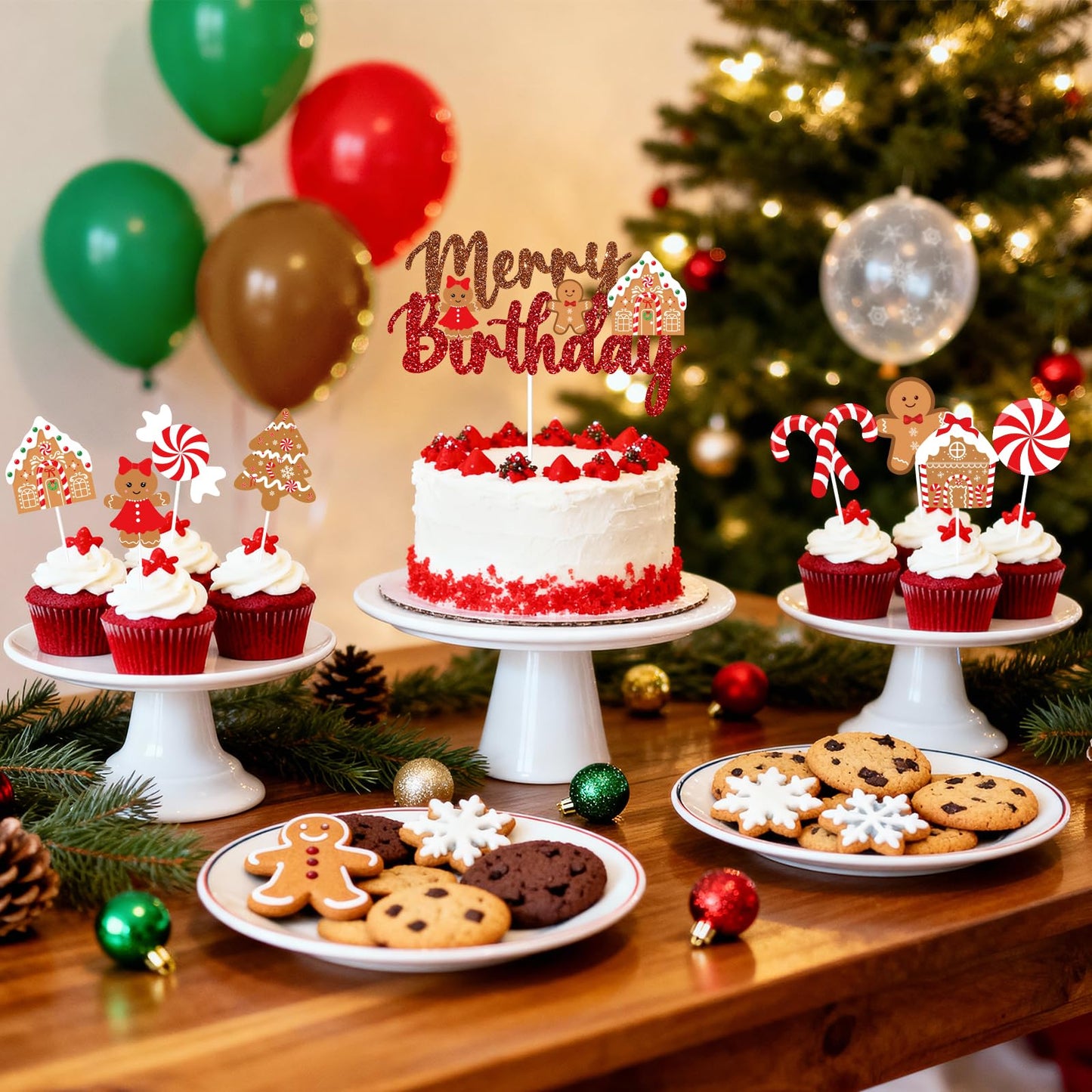 Christmas Birthday Party Decorations, Cute Bows and Gingerbread Merry Birthday Banner Cake Topper Red Green Snowflake Balloons for Gingerbread Christmas Decorations Holiday Party Supplies