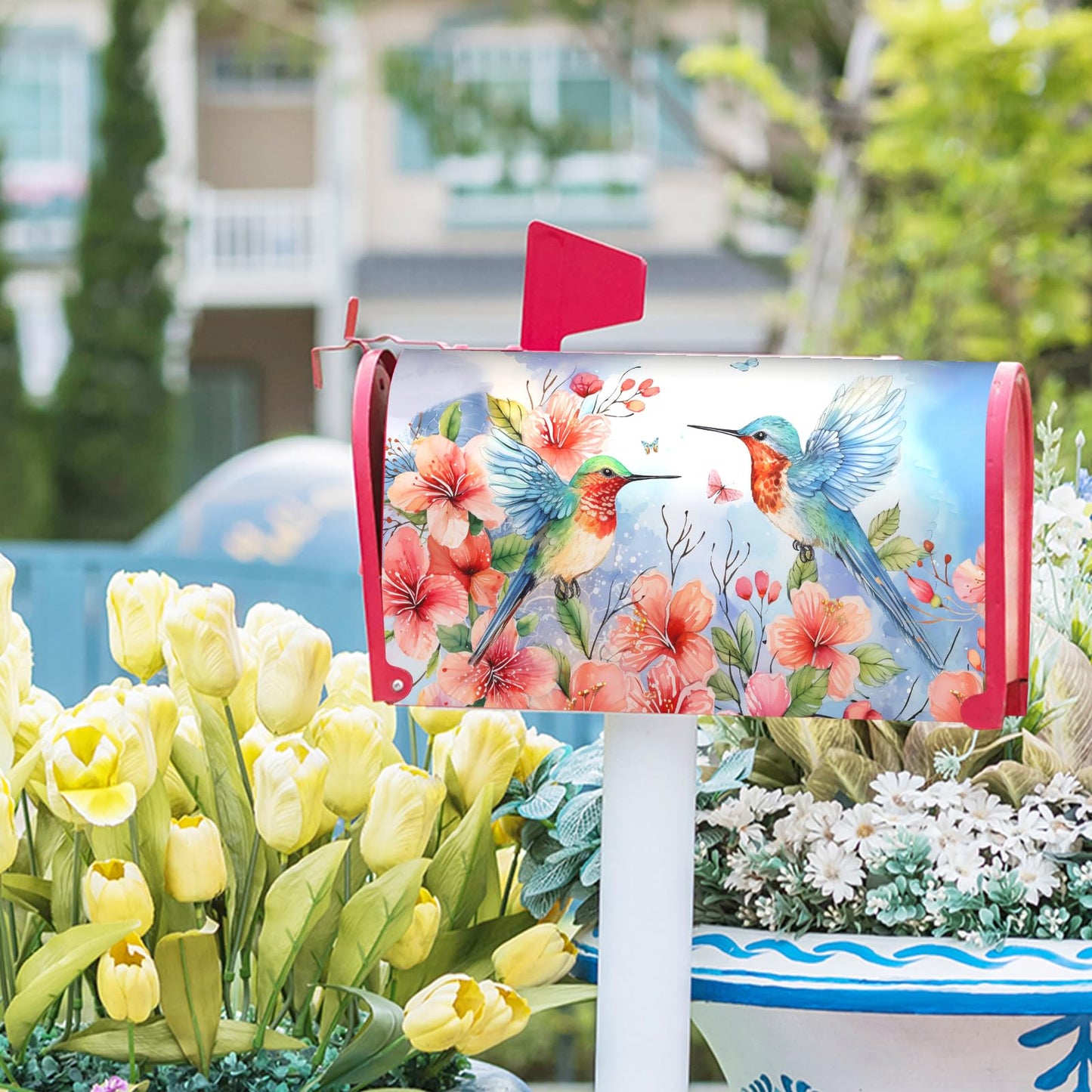 Spring Summer Flowers Mailbox Covers Magnetic Large Size 25x21 Inch Spring Cherry Blossom Mailbox Cover Hummingbirds Mailbox Wraps Post Letter Box Cover Decoration for Home Garden Yard Outdoor Outside