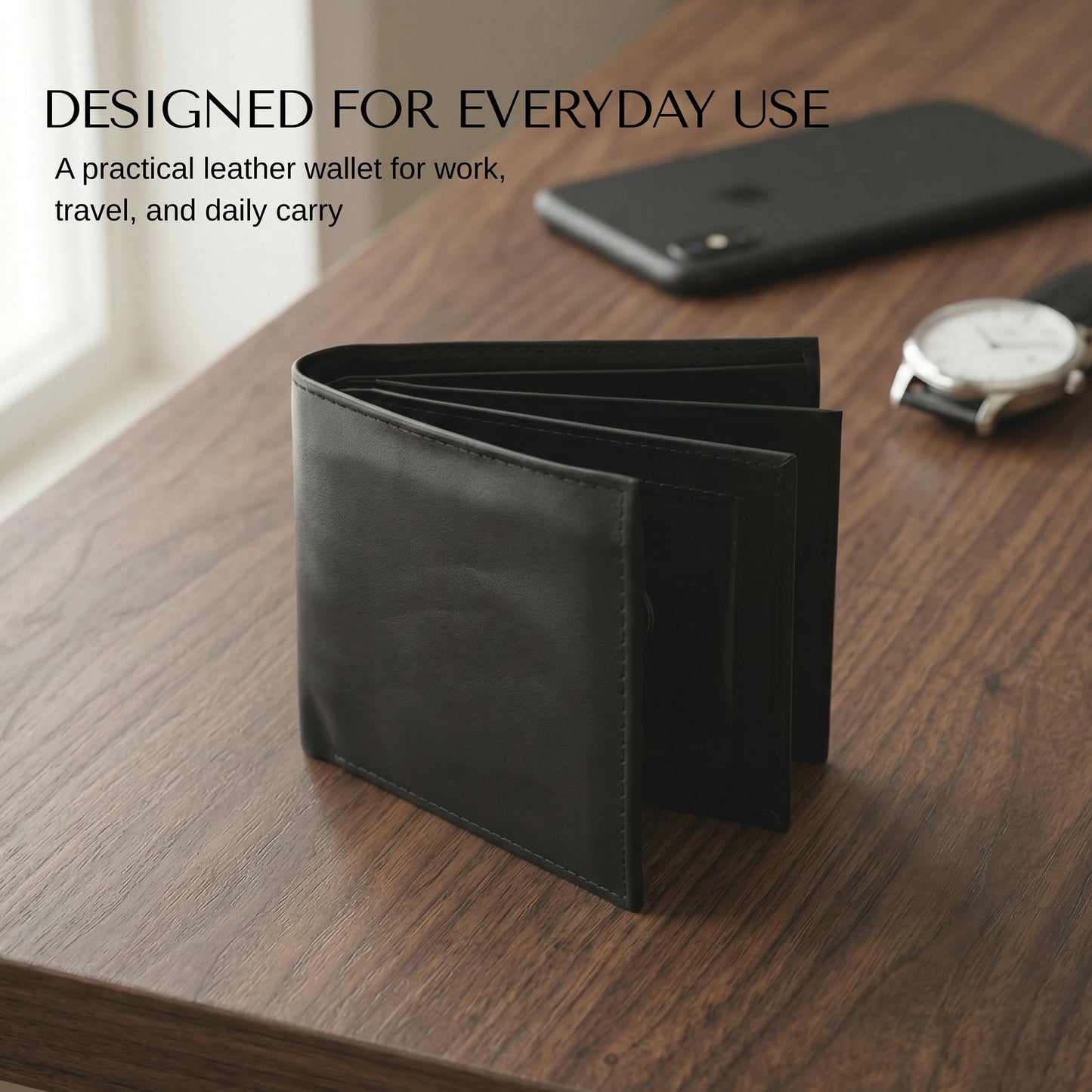AG Wallets Men’s Bifold Leather Wallet with Double Center Flap, 3 ID Windows, RFID Blocking, Zipper Coin Pocket - Slim Men’s Wallet, Black