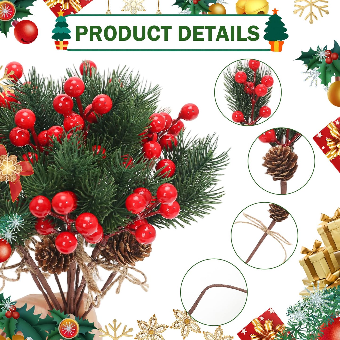 Ledoira 12Pcs 10’’ Christmas Pine Picks Artificial Needle Branches with Pinecones Red Berry Picks Fake Branches for Flower Arrangements Wreath Crafts Holiday Xmas Tree Decorations