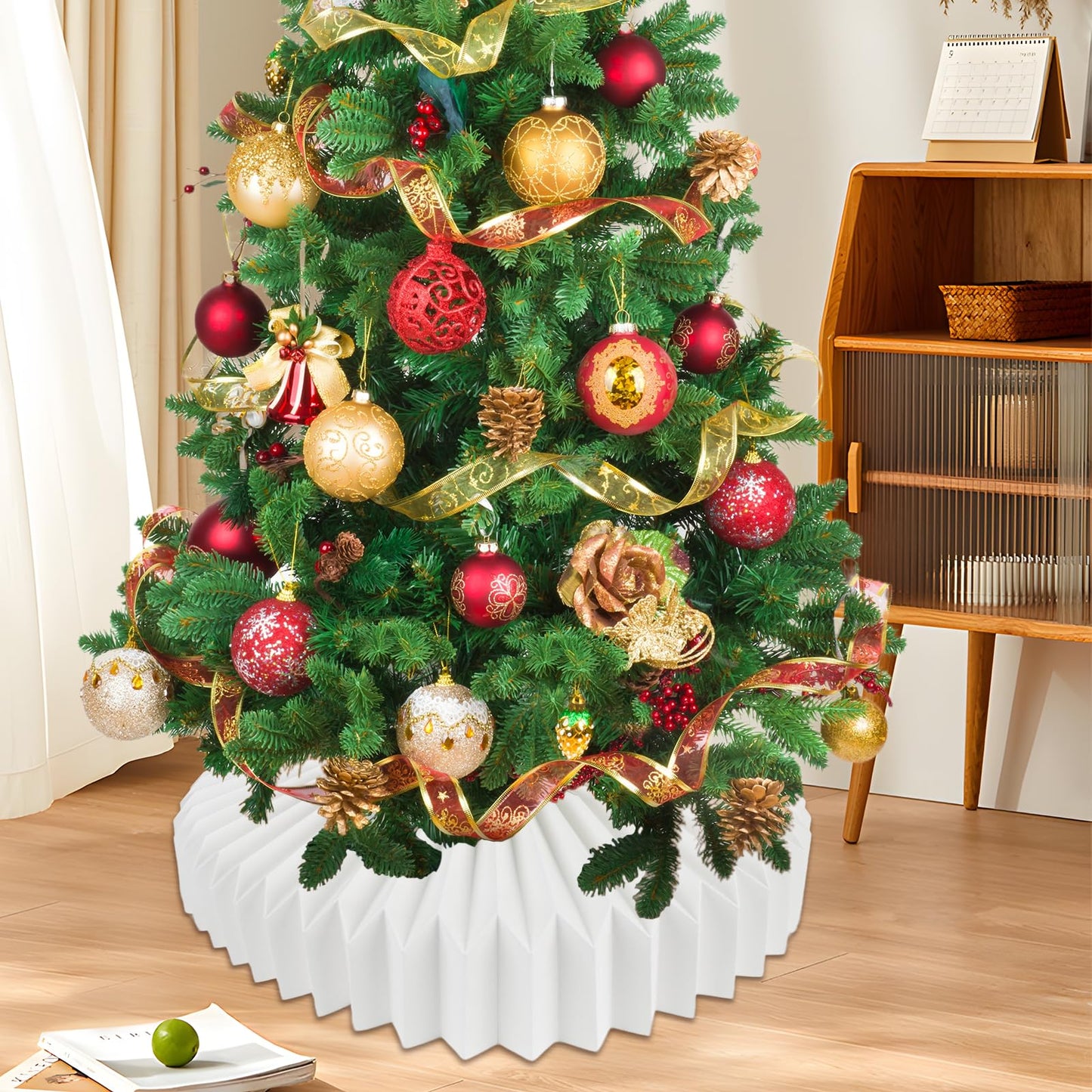 succulentlovers 26 Inch Honeycomb Christmas Paper Tree Collar, White Foldable Christmas Tree Ring Skirt Collar, Paper Basket Stand Box Base Cover Fit for 6ft to 9ft Artificial Trees Holiday Decoration