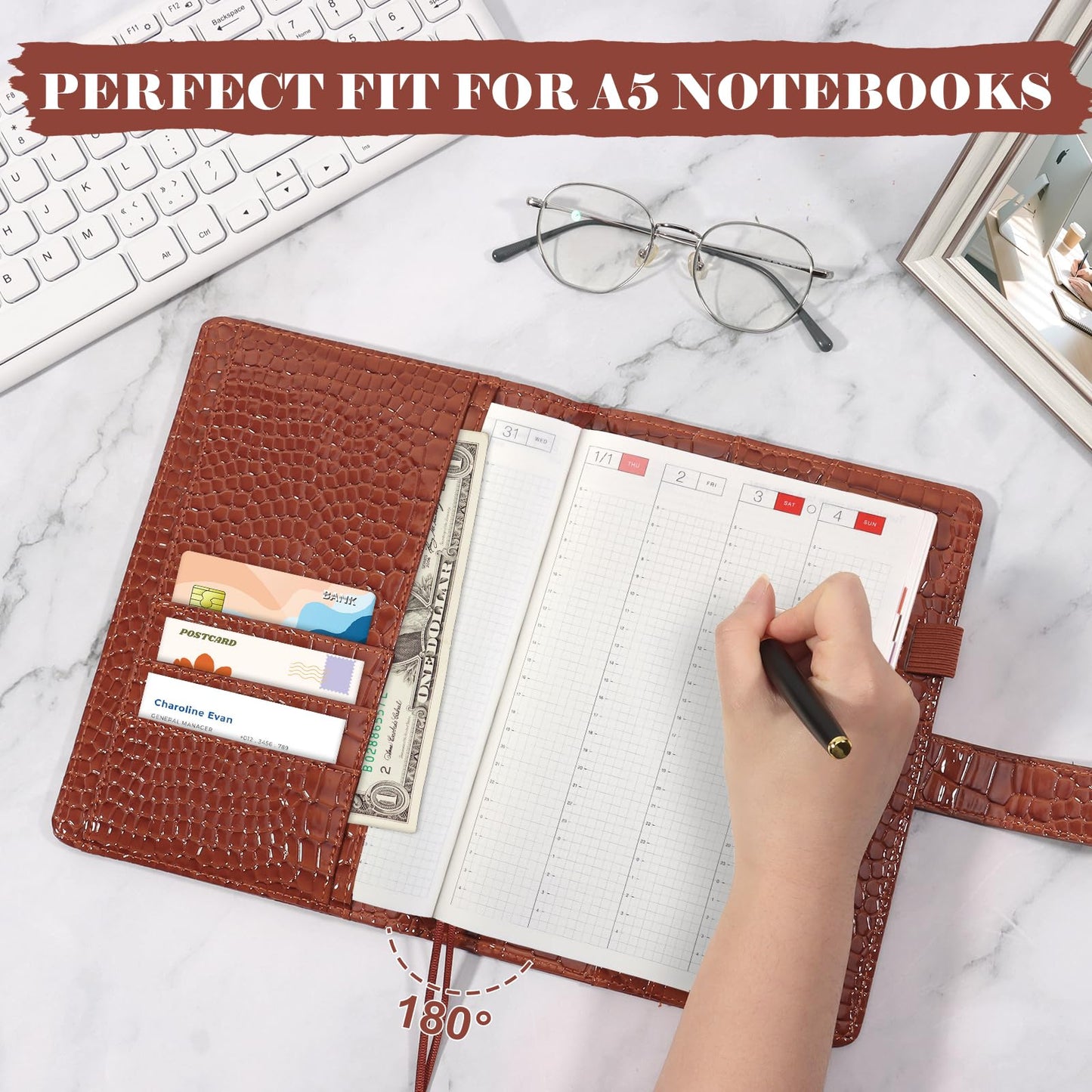 SKLENICE PU Leather Cover for A5 Notebooks Brown Planner Cover Compatible with Hobonichi Cousin Stalogy and MD A5 Journal Cover with Pen Loop Pockets for Refillable Notebook Planner