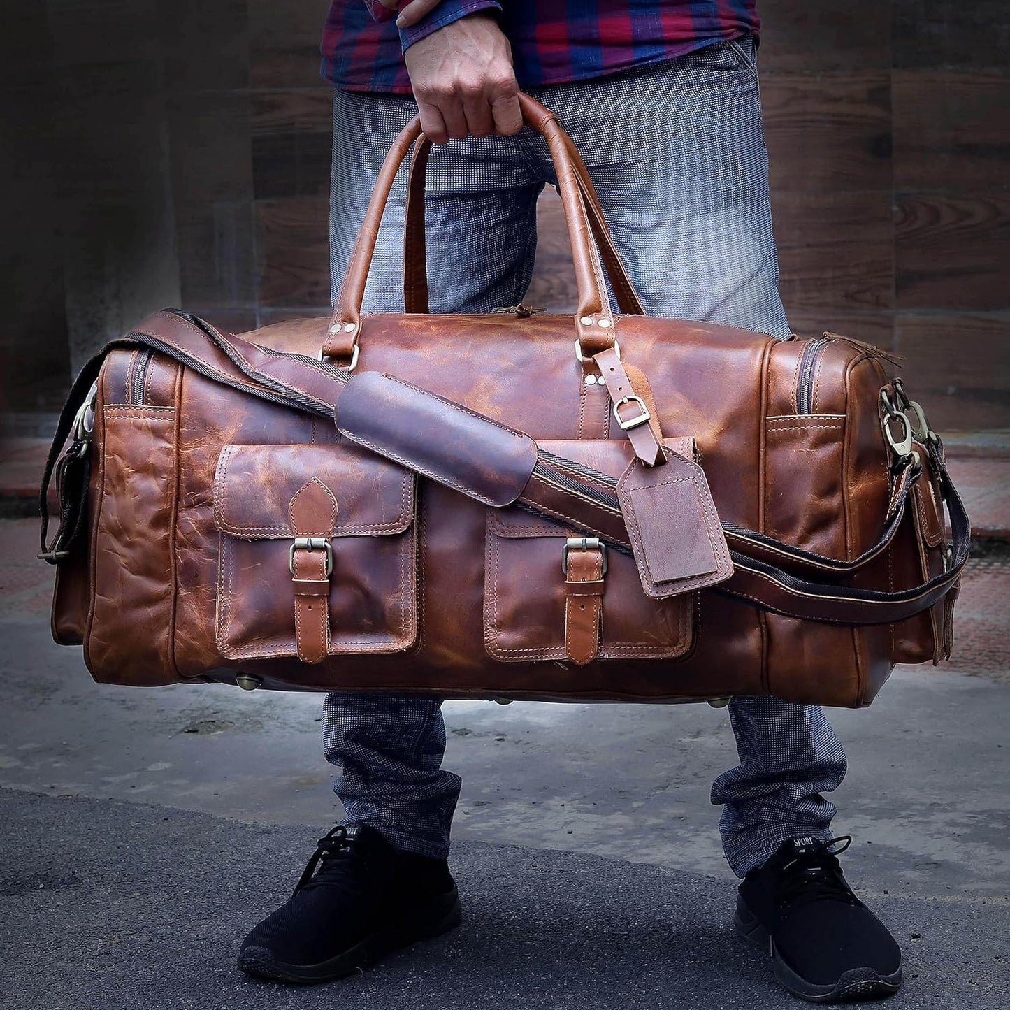 Large duffel bags for men holdall leather travel bag overnight gym sports weekend bag 32 Inch