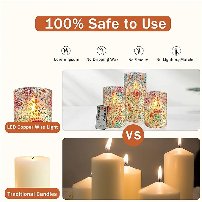 Printed Flameless Candles with String Lights - Set of 3 Colorful Battery Operated Candle Flickering Floral LED Pillar Candles with Timer Remote for Home Decor Romantic Ambiance,BFLY