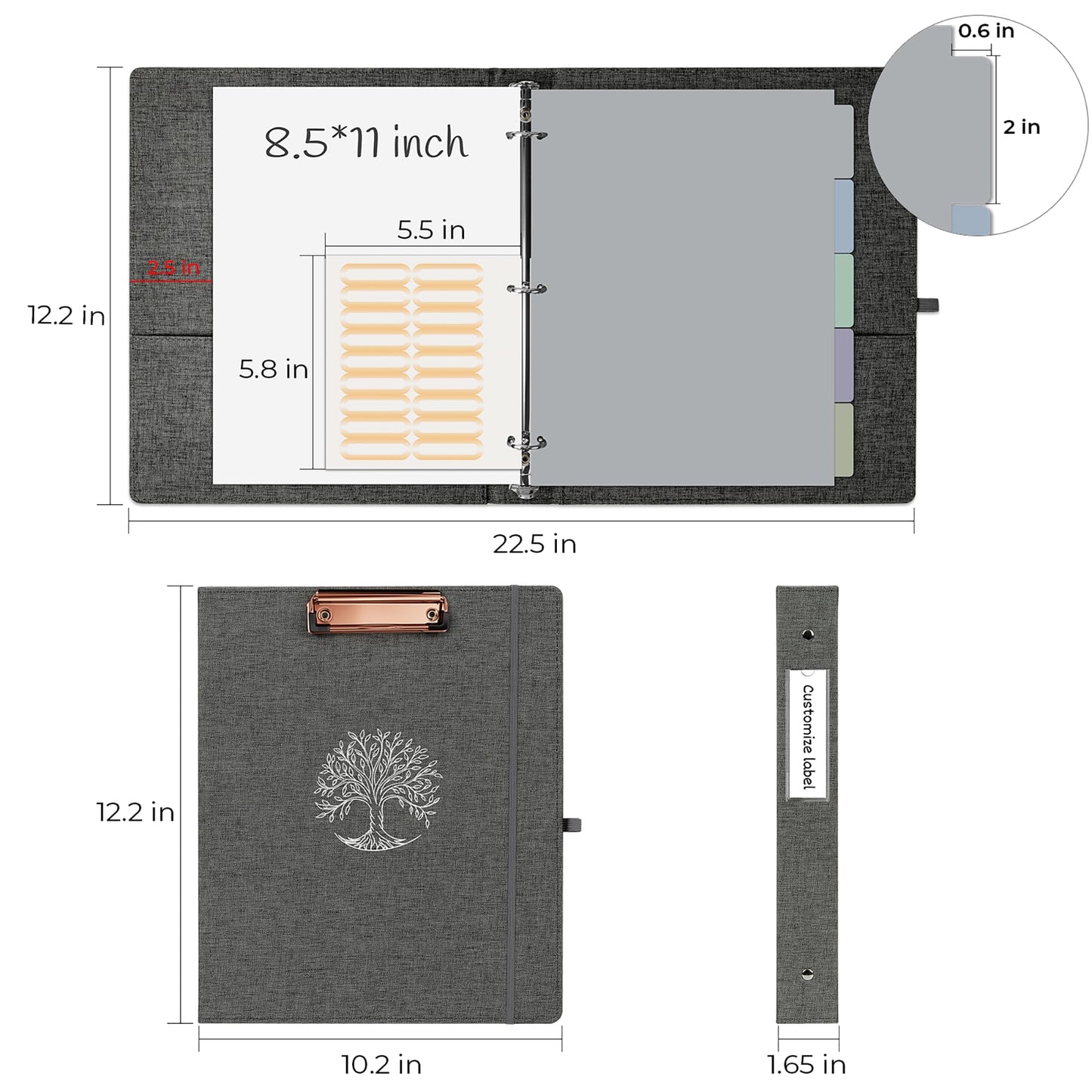 EYROZILL 3 Ring Binder, 1 Inch Linen Binder Organizer for Letter Size (8.5" x 11") with 5 Tab Dividers, File Folder Labels and Low Profile Clipboards, School and Office Supplies- Dark Grey