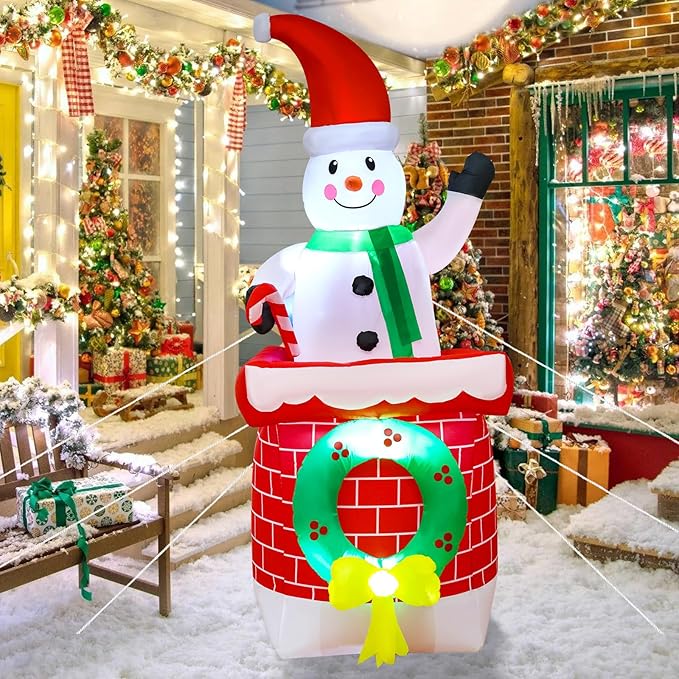 8ft Double-Sided Rotating Inflatable Snowman and Santa Claus Yard Decorations, Christmas Blow Up Decor for Indoor and Outdoor