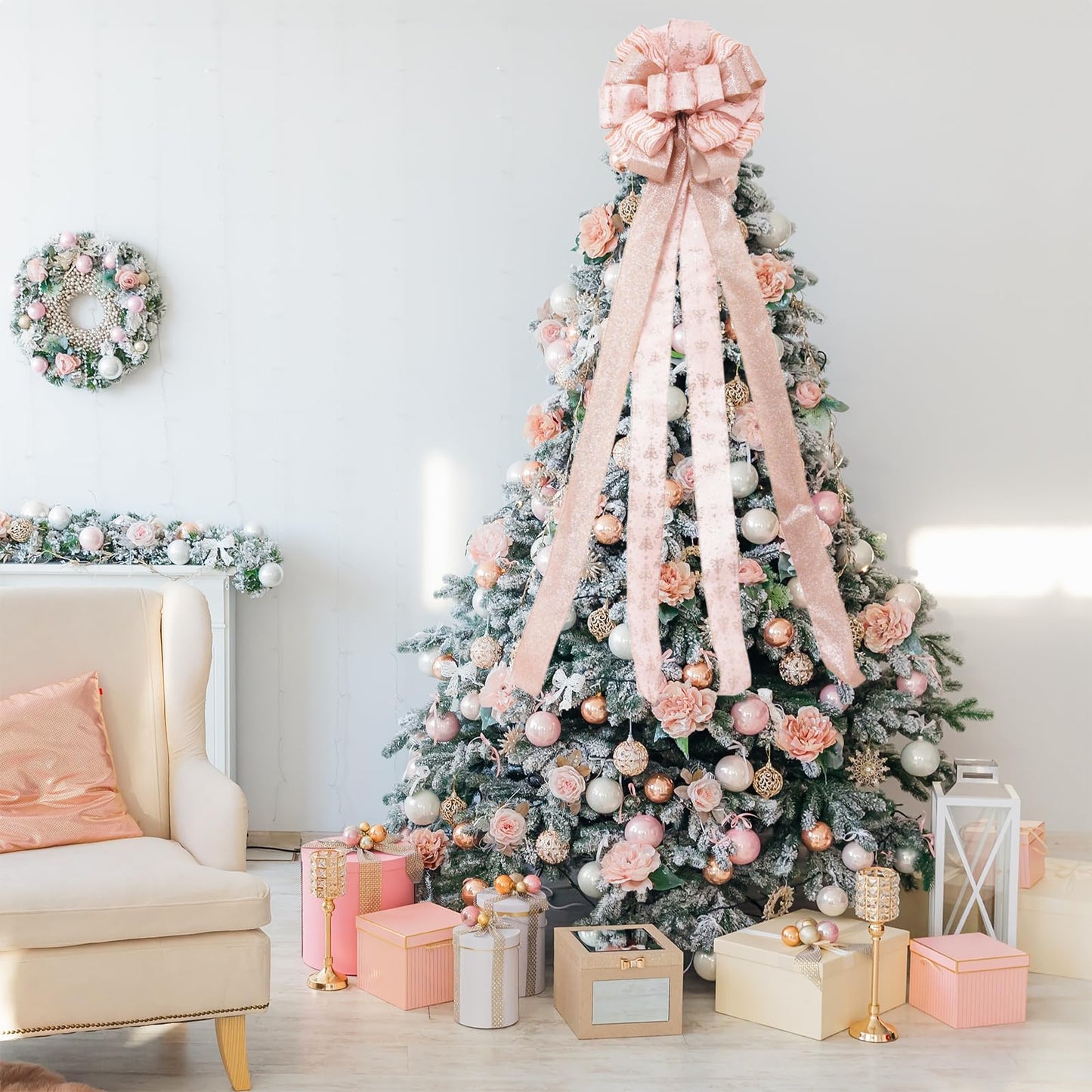 Christmas Tree Topper, 32x12 inch Large Toppers Single Sided Bow with Glitter Satin Mesh Streamer, Rose Gold Christmas Tree Topper for Christmas Home Decoration (Rose Gold)