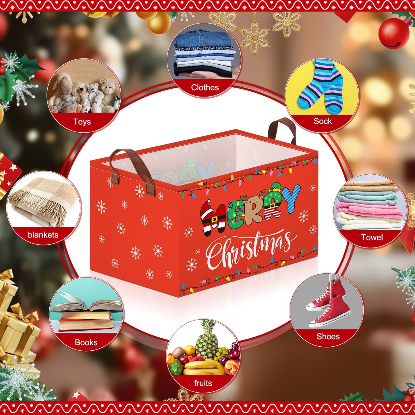 Boao 3 Pack Large Christmas Storage Baskets for Gifts Empty Collapsible Christmas Storage Bin with Handle, Xmas Canvas Laundry Basket for Home Bedroom Clothes Toys Closet Shelf Office Holiday Decor