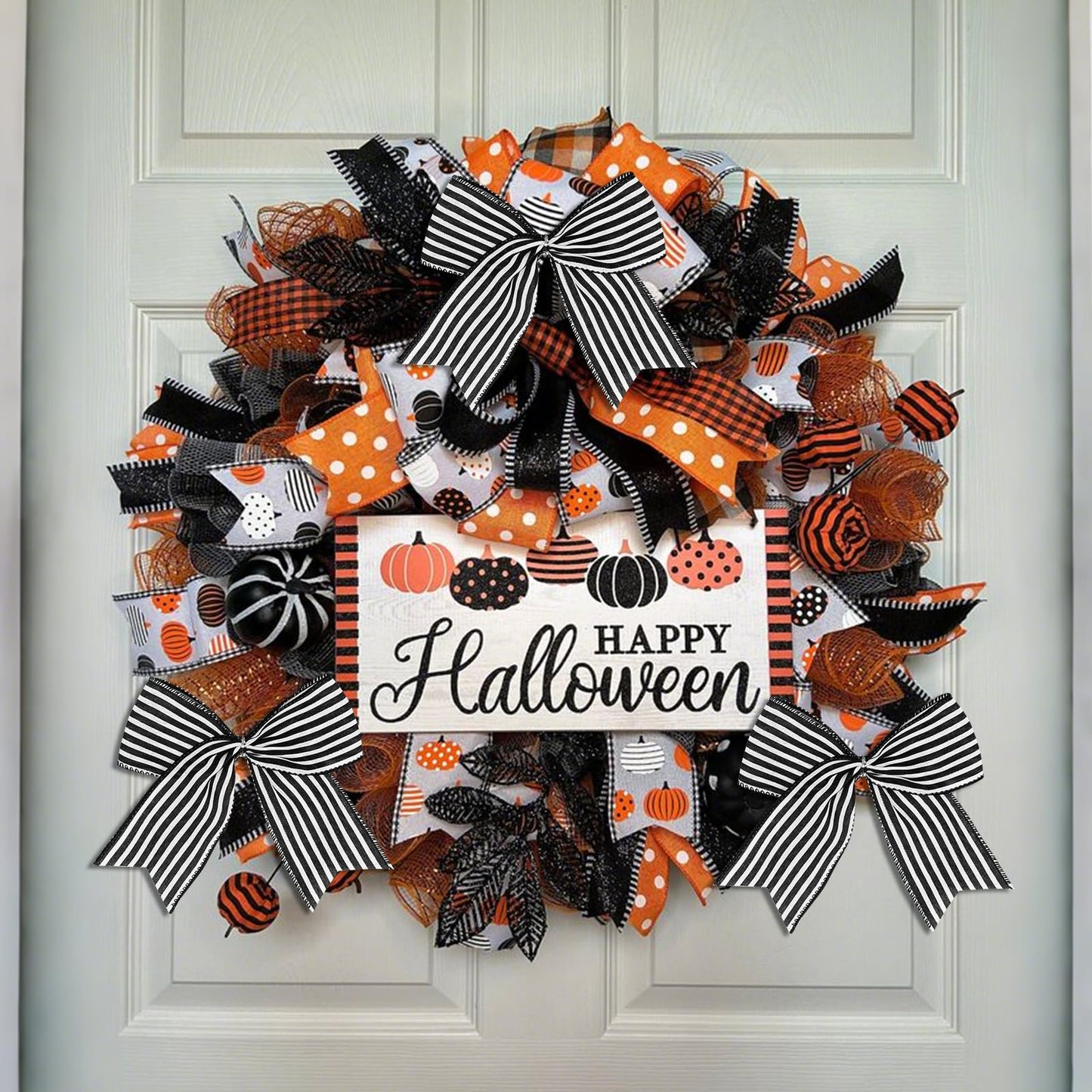 12 Pcs Black White Stripe Bows Halloween Tree Decorations,6 Inch Fall Ornaments for Christmas Tree Front Door Holiday Gothic Party Wreath Wall Home Decor